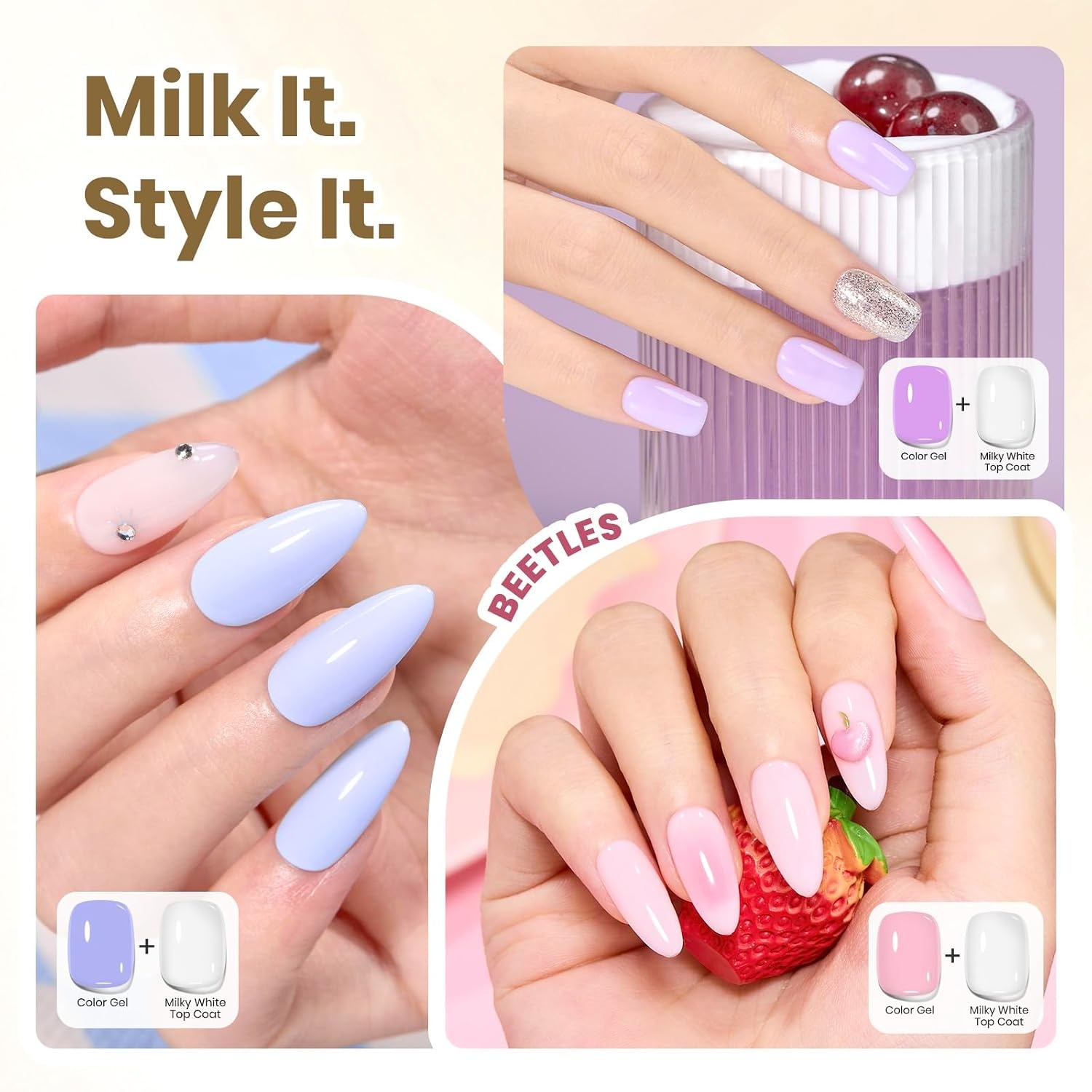 image:imageBeetles HEMA Free amp TPO Free Gel Base and Top Coat Set No Wipe Top Coat Soak Off UV LED Gel Polish Foundation Kit for Long Lasting High Gloss ManicureZMilky White Top Coat