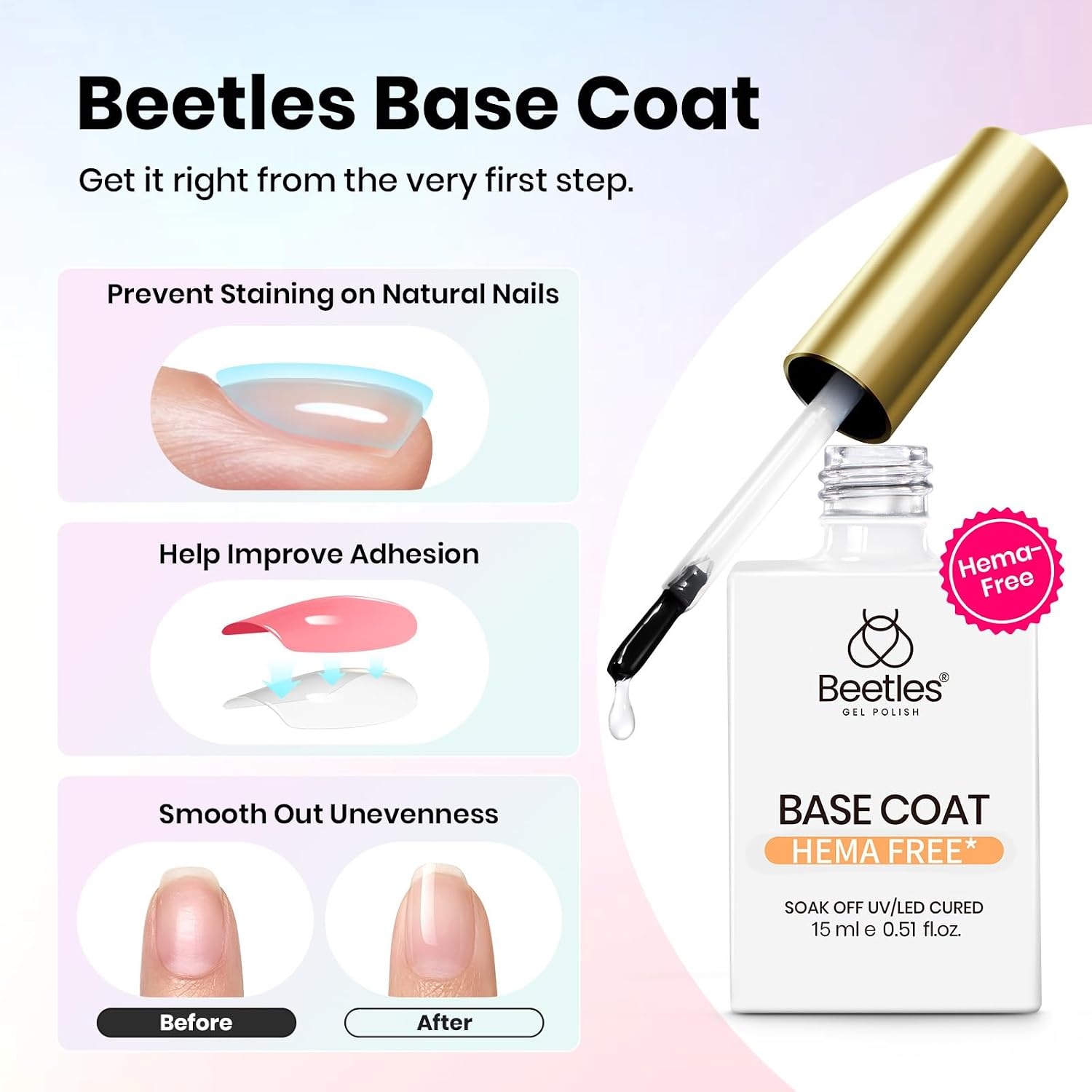 image:imageBeetles HEMA Free amp TPO Free Gel Base and Top Coat Set No Wipe Top Coat Soak Off UV LED Gel Polish Foundation Kit for Long Lasting High Gloss Manicure06Clear Hema Free Gel Top and Base Coat 2Pcs