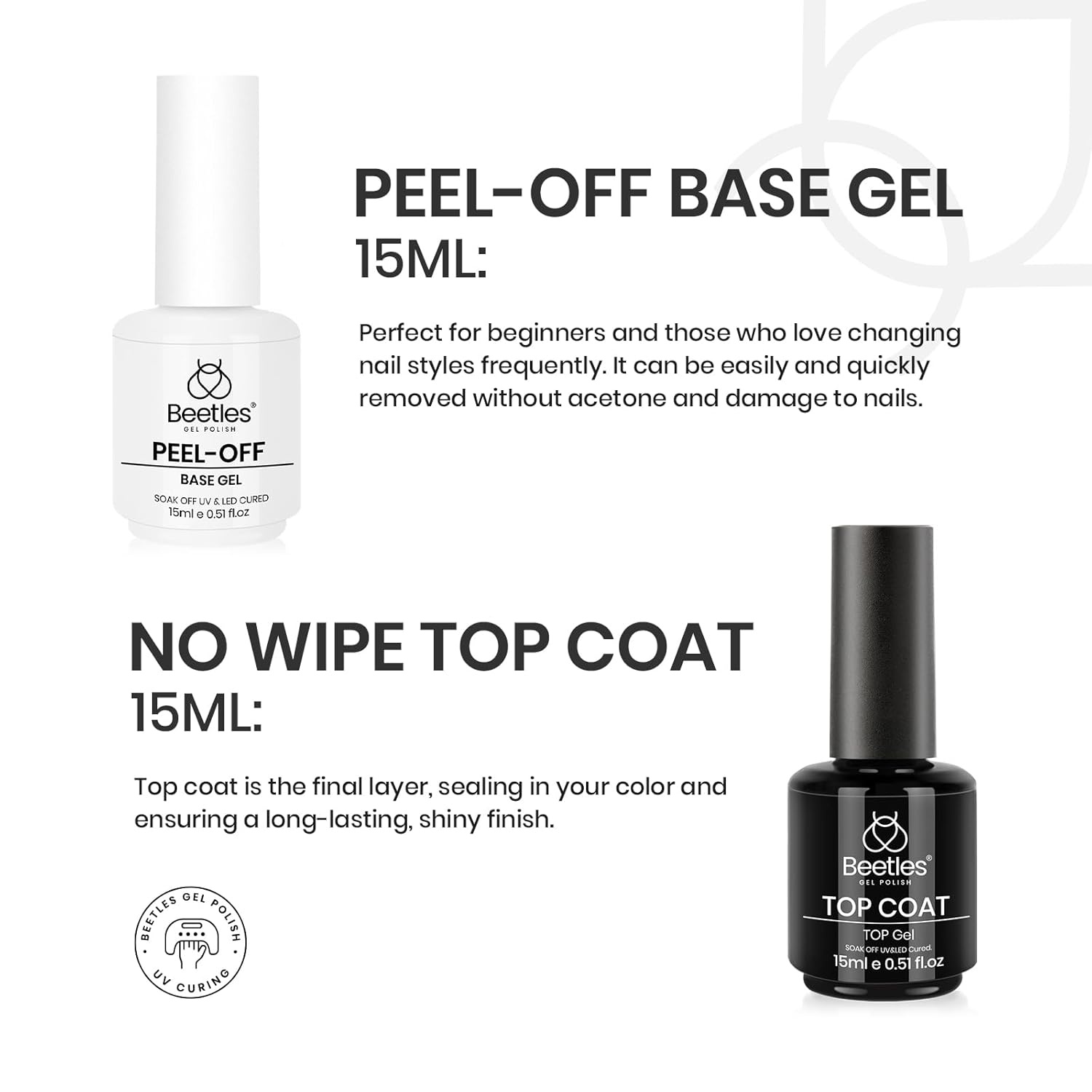 image:imageBeetles HEMA Free amp TPO Free Gel Base and Top Coat Set No Wipe Top Coat Soak Off UV LED Gel Polish Foundation Kit for Long Lasting High Gloss Manicure14Peel Off Base Top Coat