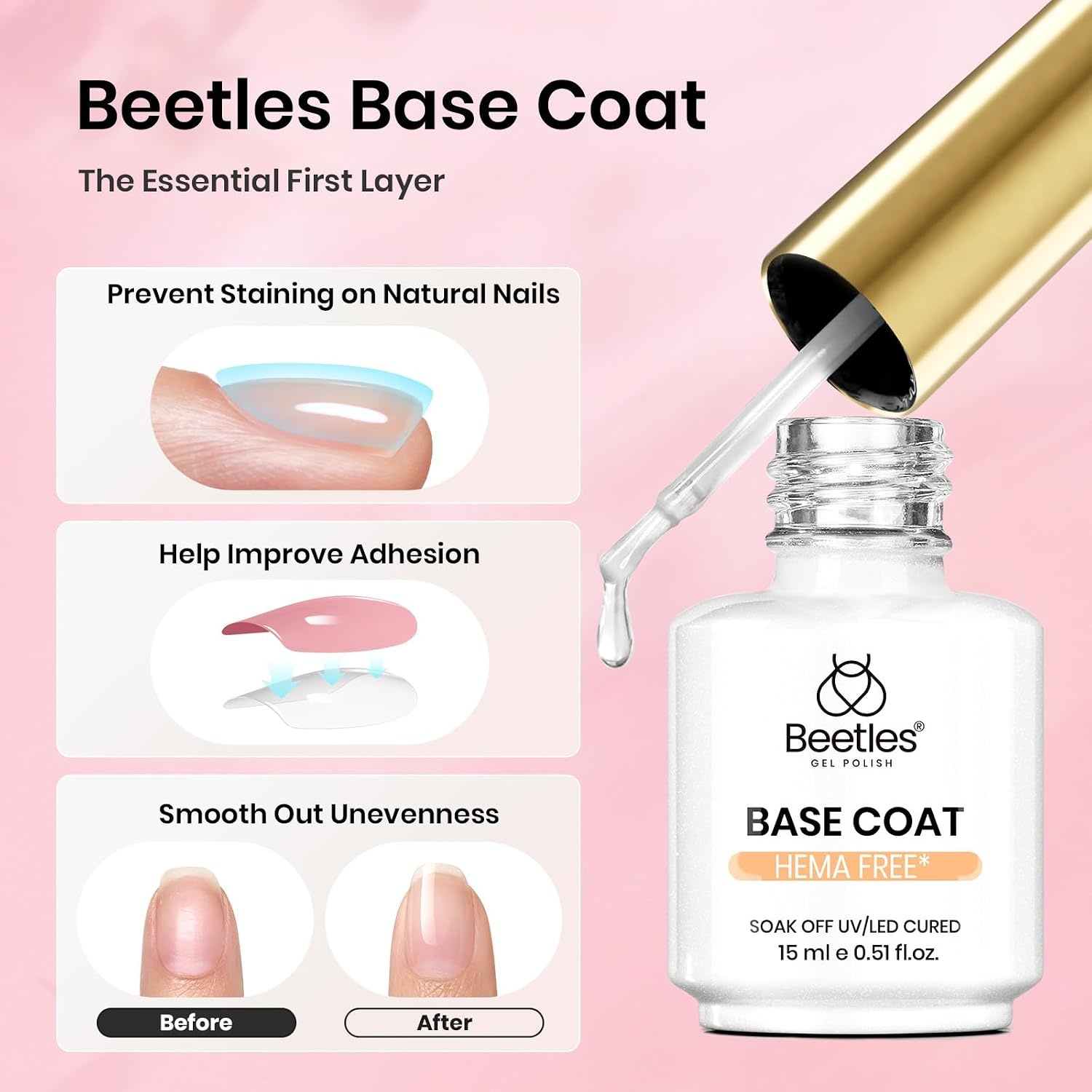 image:imageBeetles HEMA Free amp TPO Free Gel Base and Top Coat Set No Wipe Top Coat Soak Off UV LED Gel Polish Foundation Kit for Long Lasting High Gloss Manicure10Clear 15ml Top Base HEMA Free