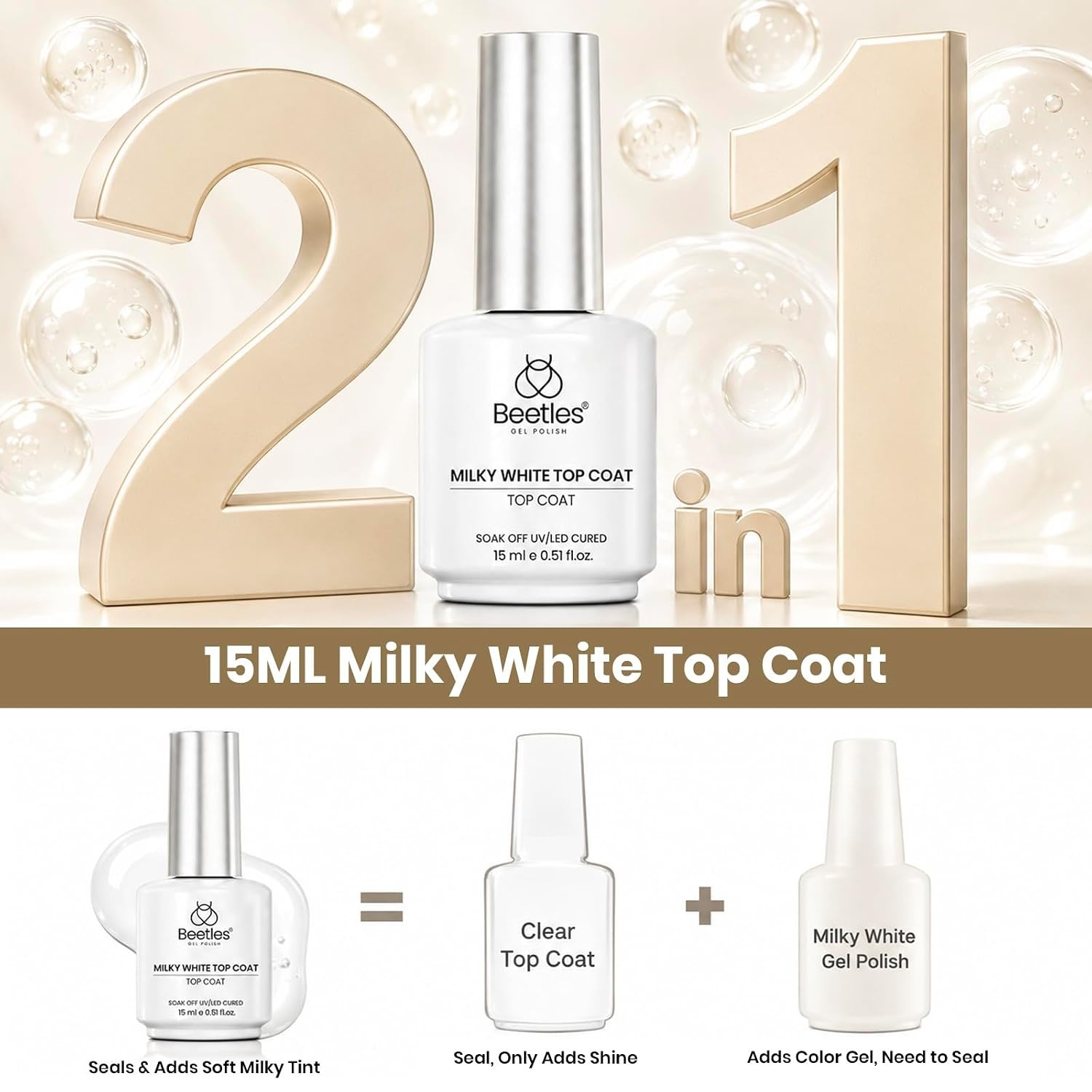 image:imageBeetles HEMA Free amp TPO Free Gel Base and Top Coat Set No Wipe Top Coat Soak Off UV LED Gel Polish Foundation Kit for Long Lasting High Gloss ManicureZMilky White Top Coat