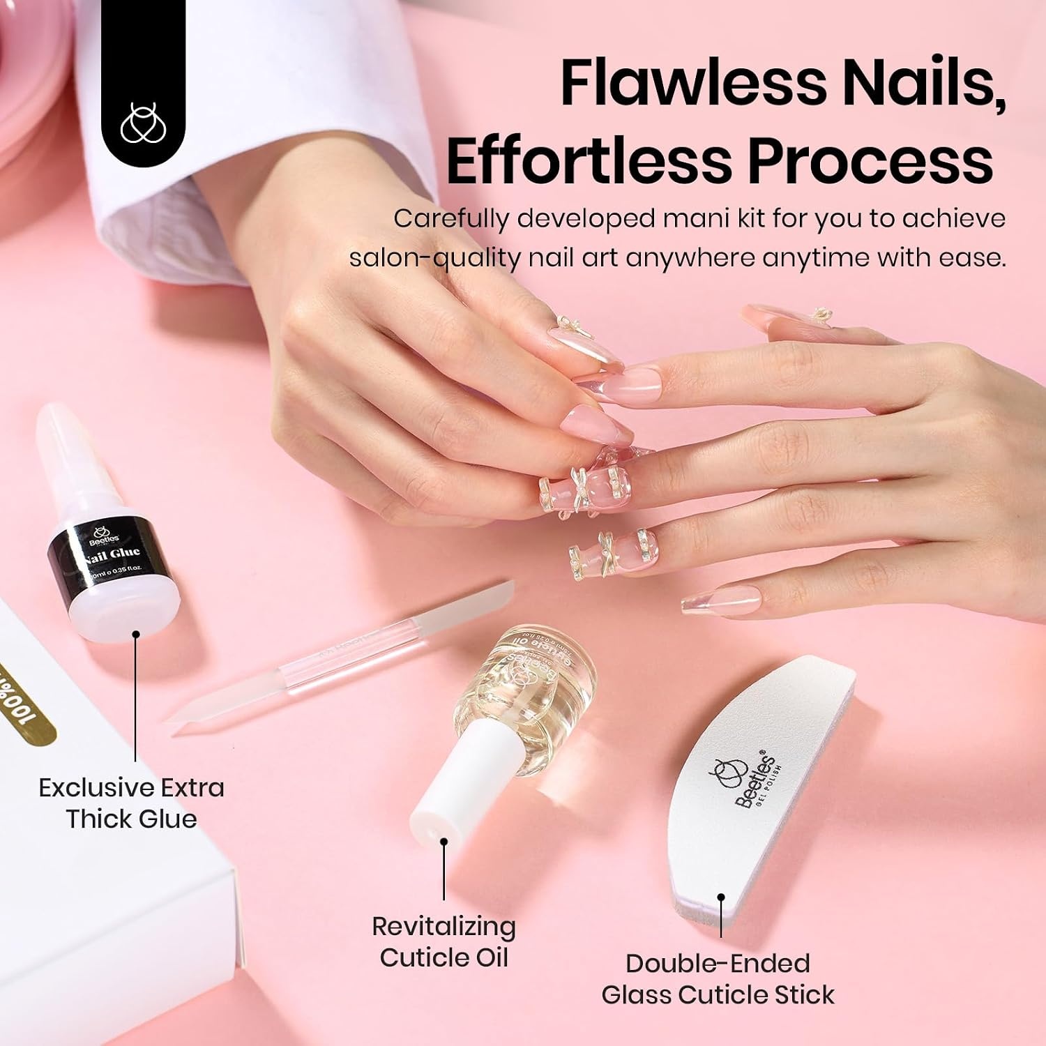 image:imageBeetles Handmade Presson Nails French Coffin Ballerina Pink Design 30 Pcs Fake Nails Reusable Nail Kit with Quickdrying Nail Glue Mini Manicure File DIY Home Salon in 15 Sizes Gifts for Women Girls
