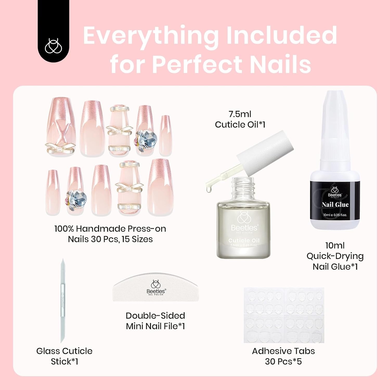 image:imageBeetles Handmade Presson Nails French Coffin Ballerina Pink Design 30 Pcs Fake Nails Reusable Nail Kit with Quickdrying Nail Glue Mini Manicure File DIY Home Salon in 15 Sizes Gifts for Women Girls