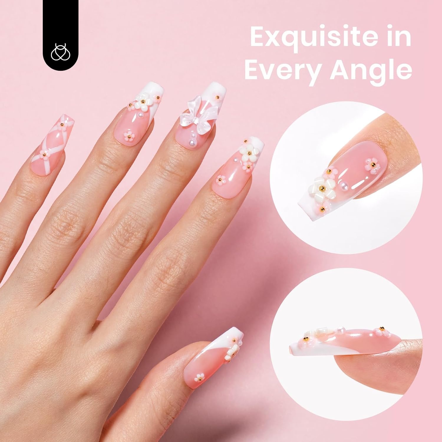 image:imageBeetles Press on Nails 3D Handmade French Coffin Butterfly Flower Elegant 30 Pcs Fake Nails Kit with Quickdrying Glue Mini DIY Manicure Home Salon 15 Sizes Gifts for Women Girls