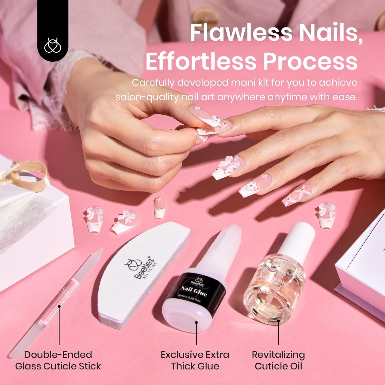 image:imageBeetles Press on Nails 3D Handmade French Coffin Butterfly Flower Elegant 30 Pcs Fake Nails Kit with Quickdrying Glue Mini DIY Manicure Home Salon 15 Sizes Gifts for Women Girls