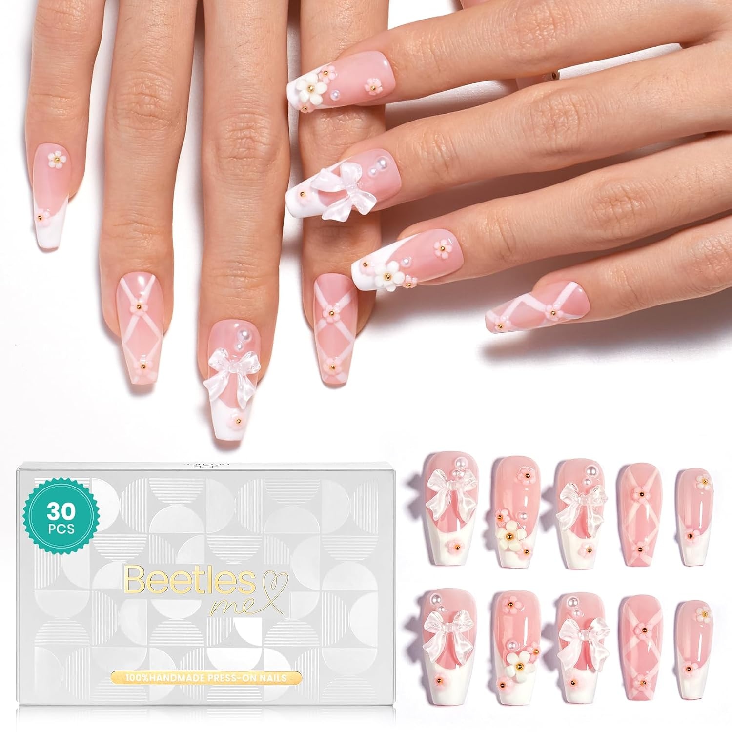 image:imageBeetles Press on Nails 3D Handmade French Coffin Butterfly Flower Elegant 30 Pcs Fake Nails Kit with Quickdrying Glue Mini DIY Manicure Home Salon 15 Sizes Gifts for Women Girls