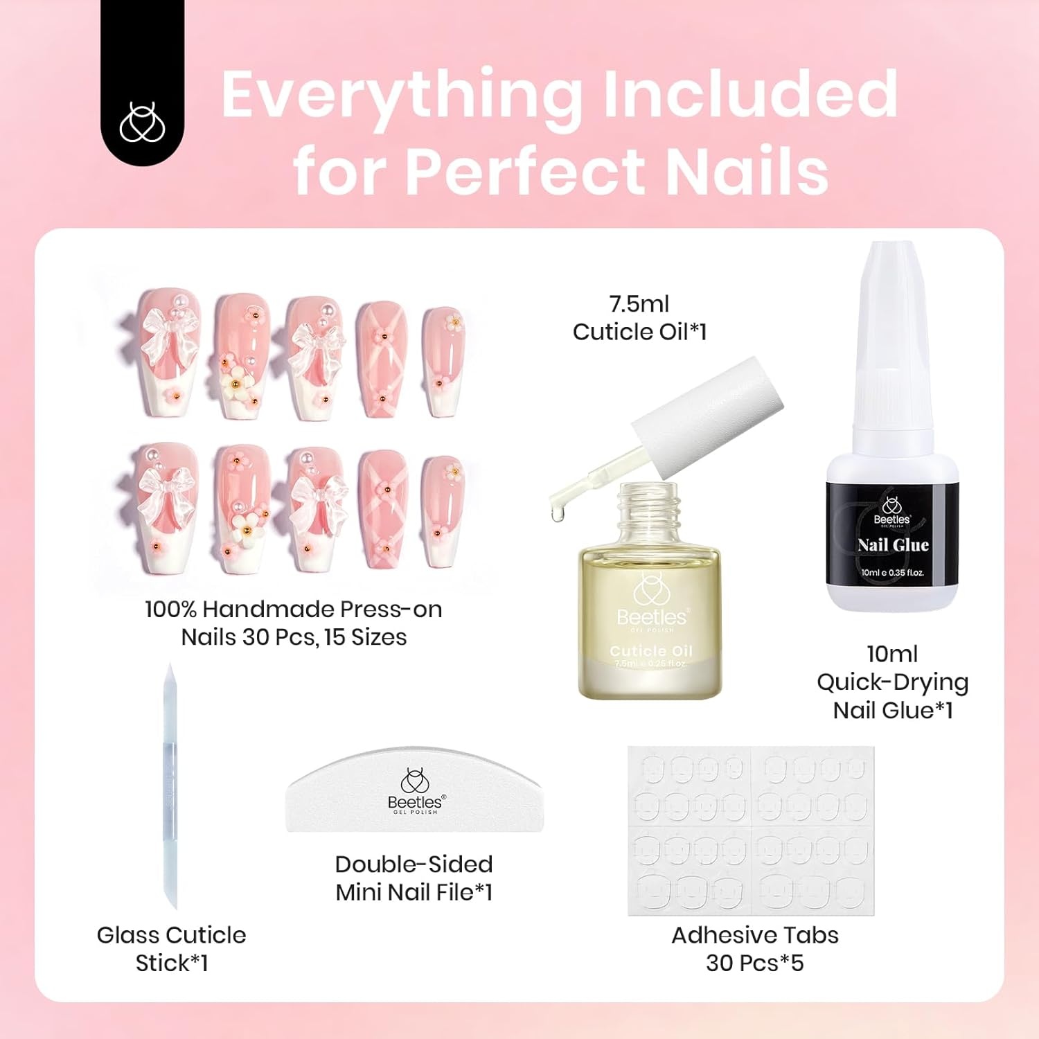 image:imageBeetles Press on Nails 3D Handmade French Coffin Butterfly Flower Elegant 30 Pcs Fake Nails Kit with Quickdrying Glue Mini DIY Manicure Home Salon 15 Sizes Gifts for Women Girls