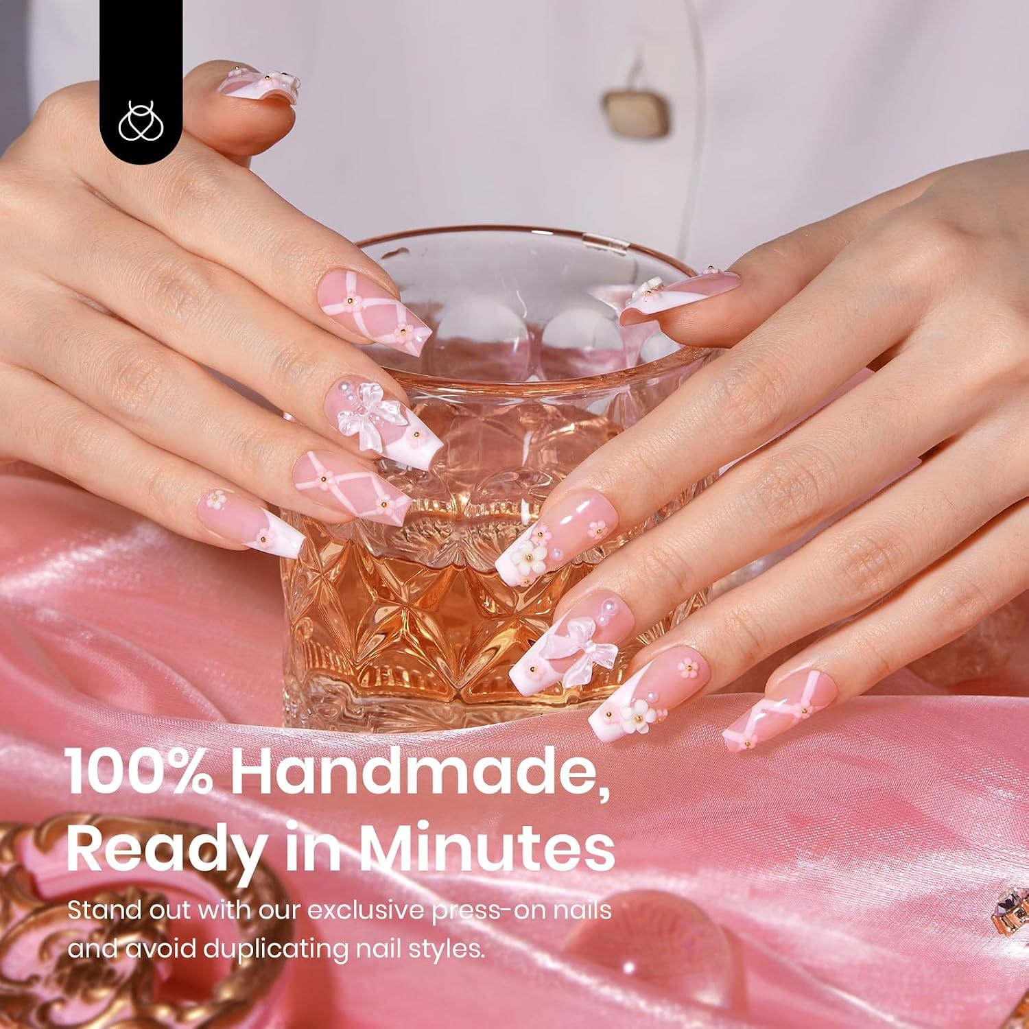 image:imageBeetles Press on Nails 3D Handmade French Coffin Butterfly Flower Elegant 30 Pcs Fake Nails Kit with Quickdrying Glue Mini DIY Manicure Home Salon 15 Sizes Gifts for Women Girls