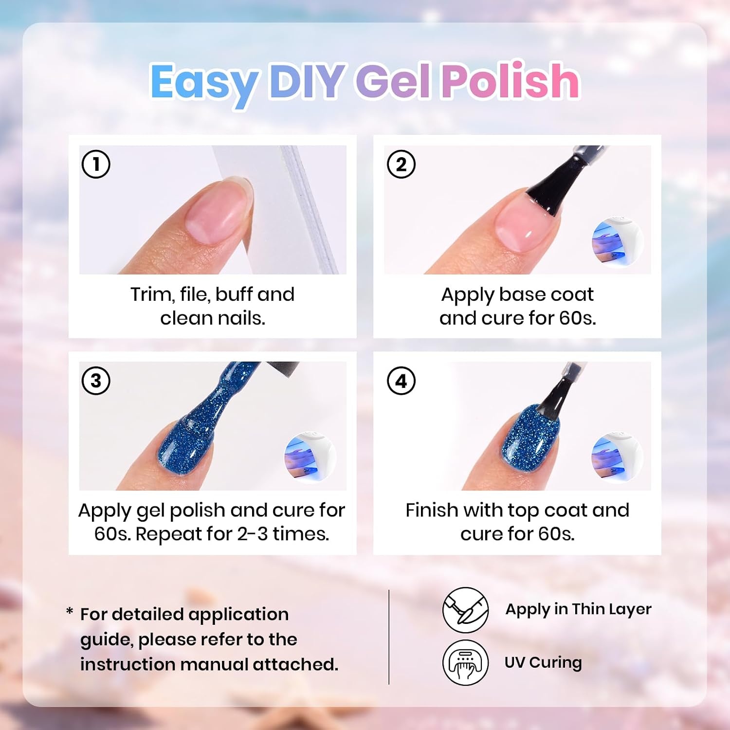 image:imageBeetles Purple Gel Nail Polish Set 6 Colors Spring Glitter Pink Milky White Romantic Garden Collection Gel Polish Soak Off Uv Led Lamp Cured Diy Manicure for WomenStarfish Gleam