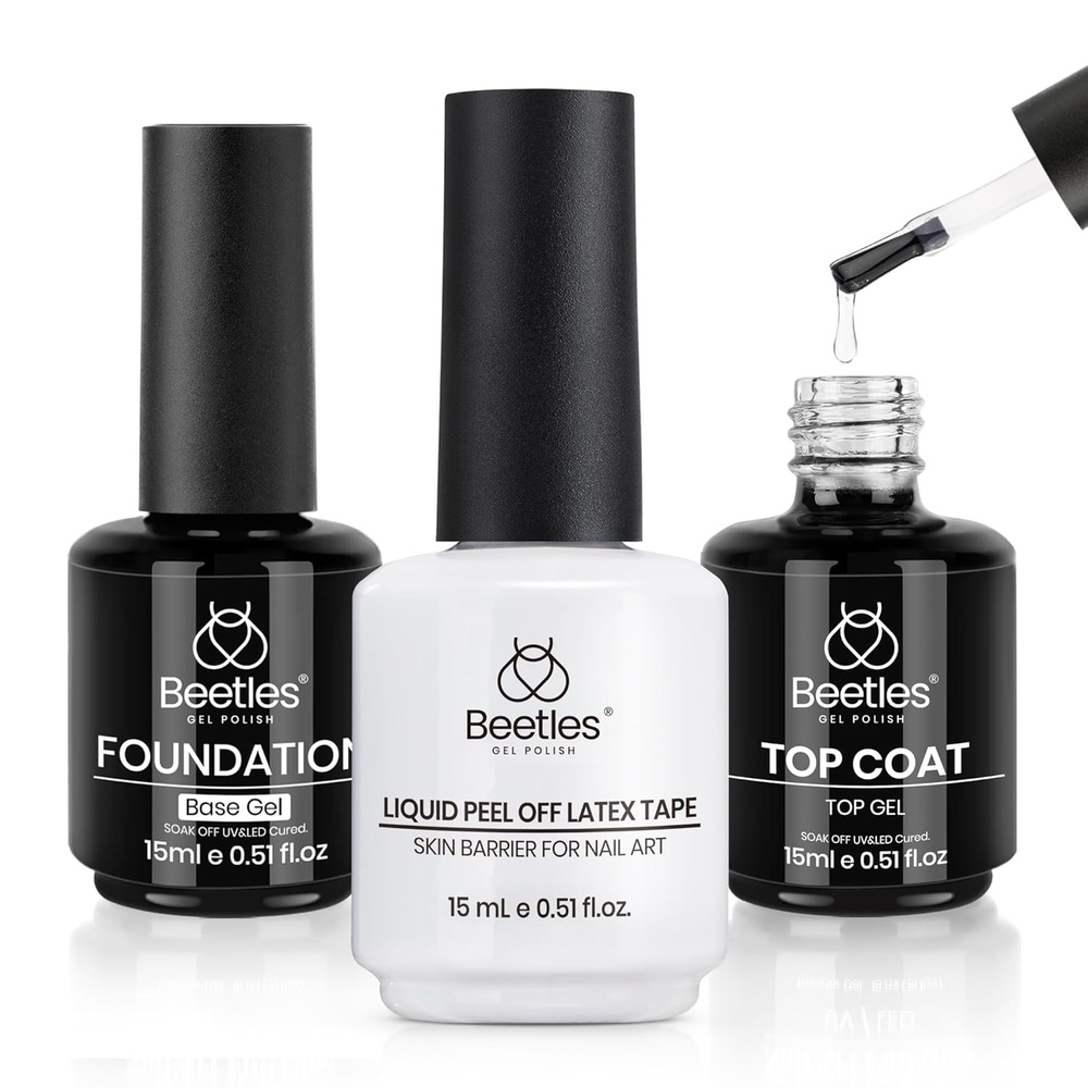 image:imageBeetles HEMA Free amp TPO Free Gel Base and Top Coat Set No Wipe Top Coat Soak Off UV LED Gel Polish Foundation Kit for Long Lasting High Gloss ManicureBase Top Coat with Liquid Latex