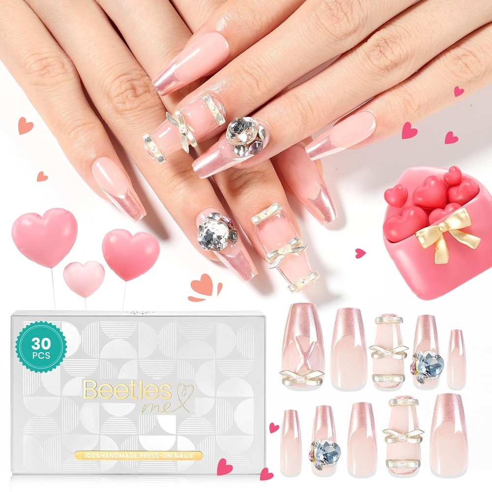 image:imageBeetles Handmade Presson Nails French Coffin Ballerina Pink Design 30 Pcs Fake Nails Reusable Nail Kit with Quickdrying Nail Glue Mini Manicure File DIY Home Salon in 15 Sizes Gifts for Women Girls