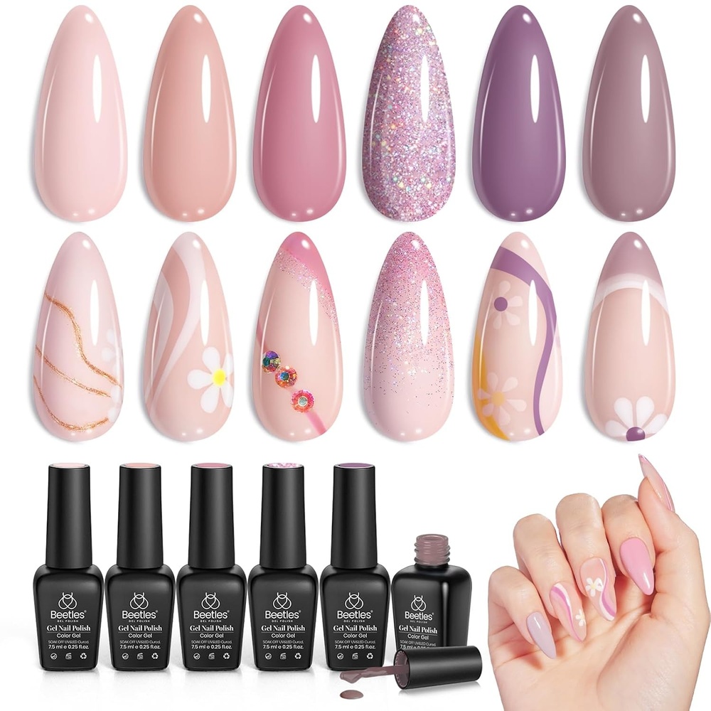 image:imageBeetles Nude Glitter Gel Nail Polish Set 6 Color Purple Pink Neutral Gel Polish Vintage Rose Collection Soak off Uv Led Gel Polish Kit Gift for Girls Nail Polish