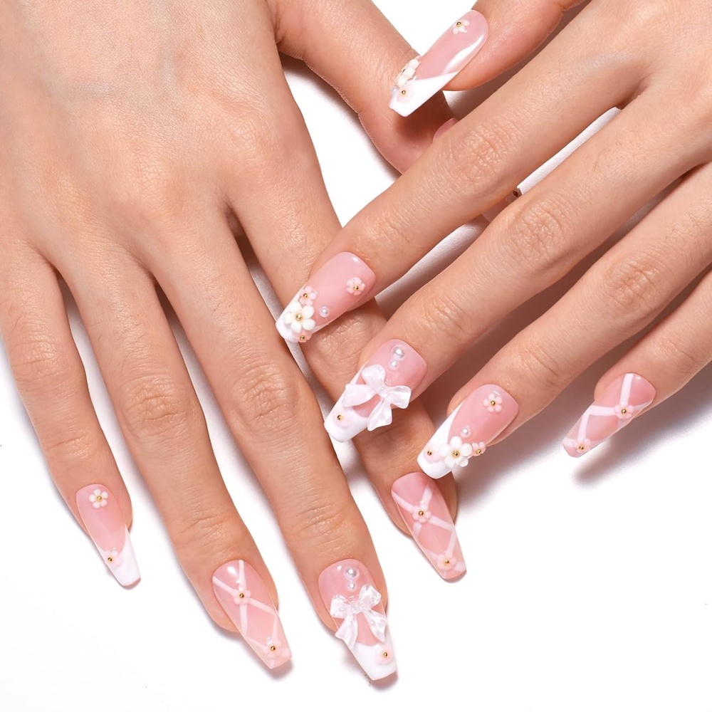 image:imageBeetles Press on Nails 3D Handmade French Coffin Butterfly Flower Elegant 30 Pcs Fake Nails Kit with Quickdrying Glue Mini DIY Manicure Home Salon 15 Sizes Gifts for Women Girls