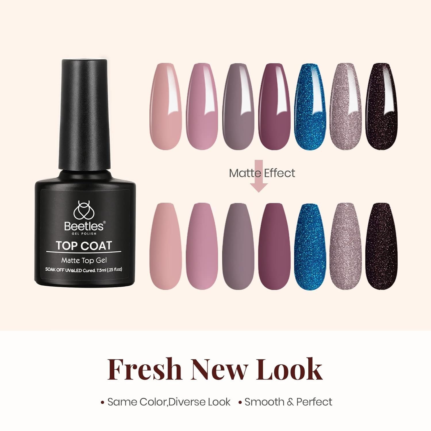image:imageBeetles Matte Gel Top Coat for Gel Nail Polish 75ML Chrome Proof Matte Top Coat No Wipe PowderResist Matte Finish for Detail Chrome Nail Powder Painting Long Lasting UV Nail ArtClear Matte and Shiny Top and Base Coat Set