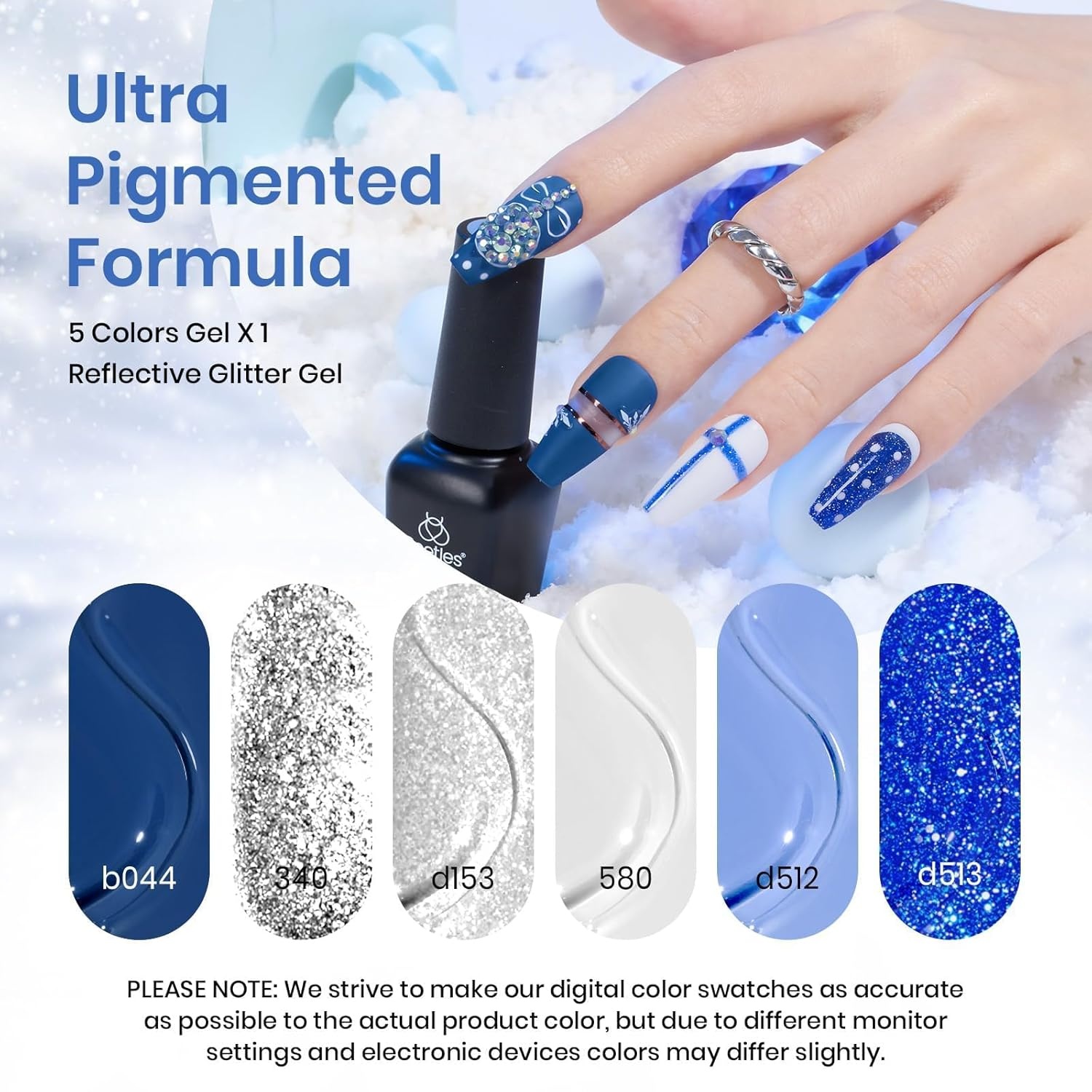 image:imageBeetles Gel Nail Polish 6 Colors Pink Purple Burgundy Red Plum Glitter Gel Polish Ruby Sonatas Collection Soak Off Uv Lamp Cured Nail Art Design Nails Gift for Women DIY Manicure000Glittering Snowflakes