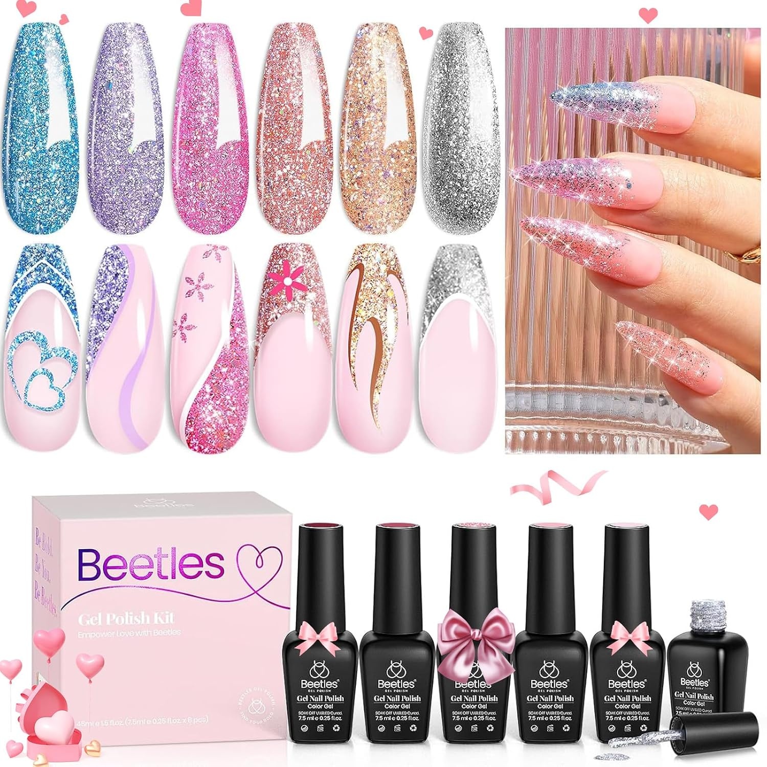 image:imageBeetles Glitter Gel Nail Polish 6 Colors Sparkle Silver Pink Blue Gel Polish Set Soak Off Uv Diy Manicure Kit Gifts for Women24Wonder Glam