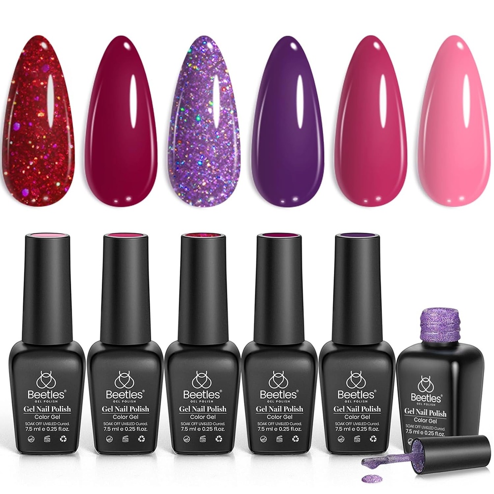 image:imageBeetles Gel Nail Polish 6 Colors Pink Purple Burgundy Red Plum Glitter Gel Polish Ruby Sonatas Collection Soak Off Uv Lamp Cured Nail Art Design Nails Gift for Women DIY Manicure0006 Colors Ruby Sonatas