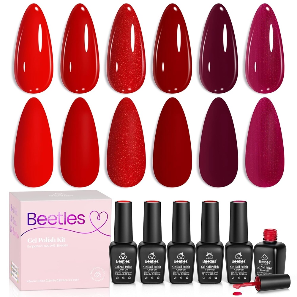 image:imageBeetles Gel Nail Polish 6 Colors Pink Purple Burgundy Red Plum Glitter Gel Polish Ruby Sonatas Collection Soak Off Uv Lamp Cured Nail Art Design Nails Gift for Women DIY Manicure0Red Obsession
