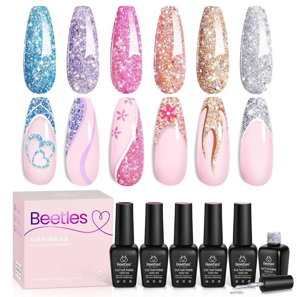 image:imageBeetles Glitter Gel Nail Polish 6 Colors Sparkle Silver Pink Blue Gel Polish Set Soak Off Uv Diy Manicure Kit Gifts for Women24Wonder Glam