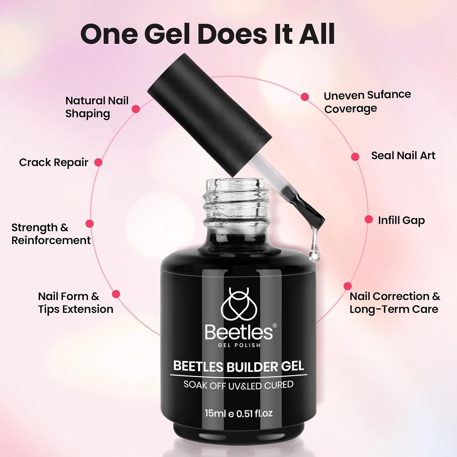 image:imageBeetles Builder Gel for Nails HEMAFree 15 ML 7 in 1 Pink Glitter Builder Nail Gel for Nail Instant Apex amp Nail Extension Builder Strengthening Nail Art Design for Beginner WomenUV amp LED Lamp NeededA Clear Milky Pink Kit 2 x 15 mL