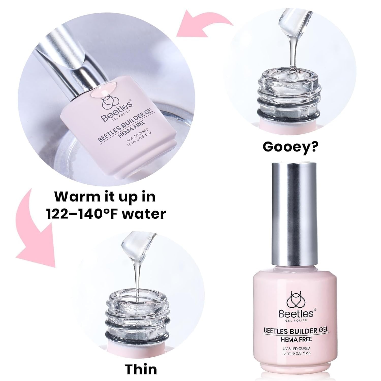 image:imageBeetles Builder Gel for Nails HEMAFree 15 ML 7 in 1 Pink Glitter Builder Nail Gel for Nail Instant Apex amp Nail Extension Builder Strengthening Nail Art Design for Beginner WomenUV amp LED Lamp NeededB Nude Pink HEMAFree 15 mL