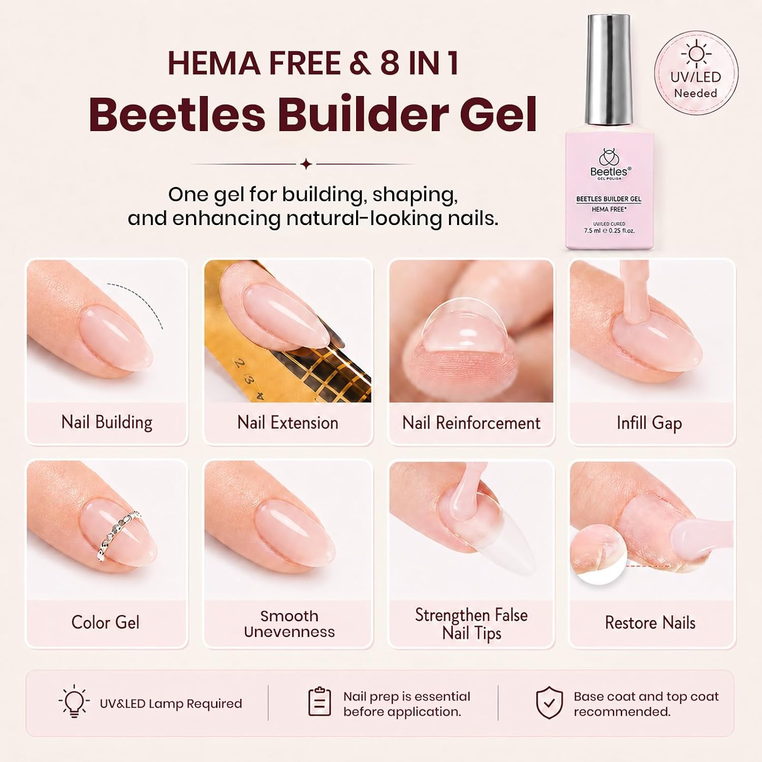 image:imageBeetles Builder Gel for Nails HEMAFree 15 ML 7 in 1 Pink Glitter Builder Nail Gel for Nail Instant Apex amp Nail Extension Builder Strengthening Nail Art Design for Beginner WomenUV amp LED Lamp Needed2 A CLear Nude HEMAFree Starter Kit