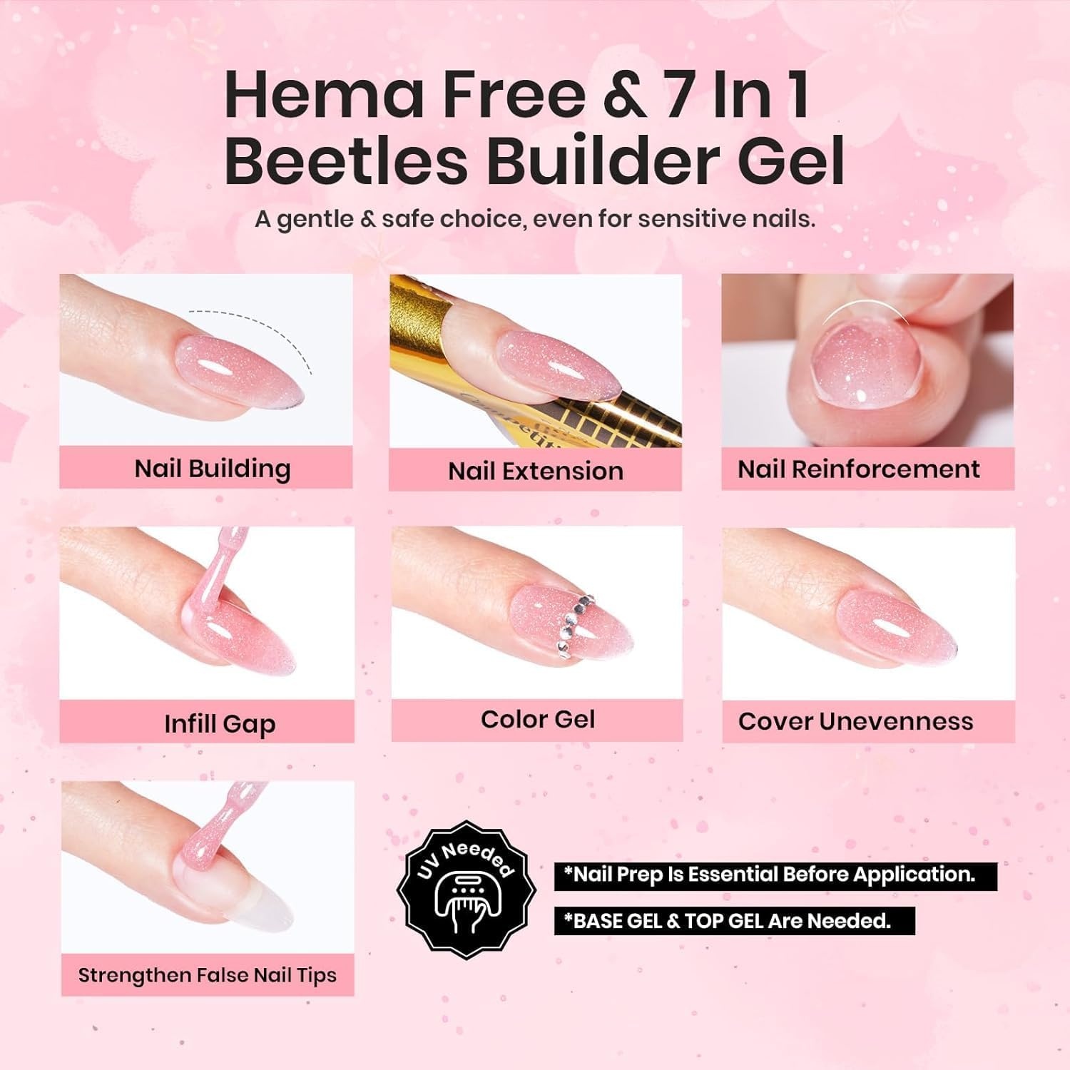 image:imageBeetles Builder Gel for Nails HEMAFree 15 ML 7 in 1 Pink Glitter Builder Nail Gel for Nail Instant Apex amp Nail Extension Builder Strengthening Nail Art Design for Beginner WomenUV amp LED Lamp NeededA4Glitter Light Pink