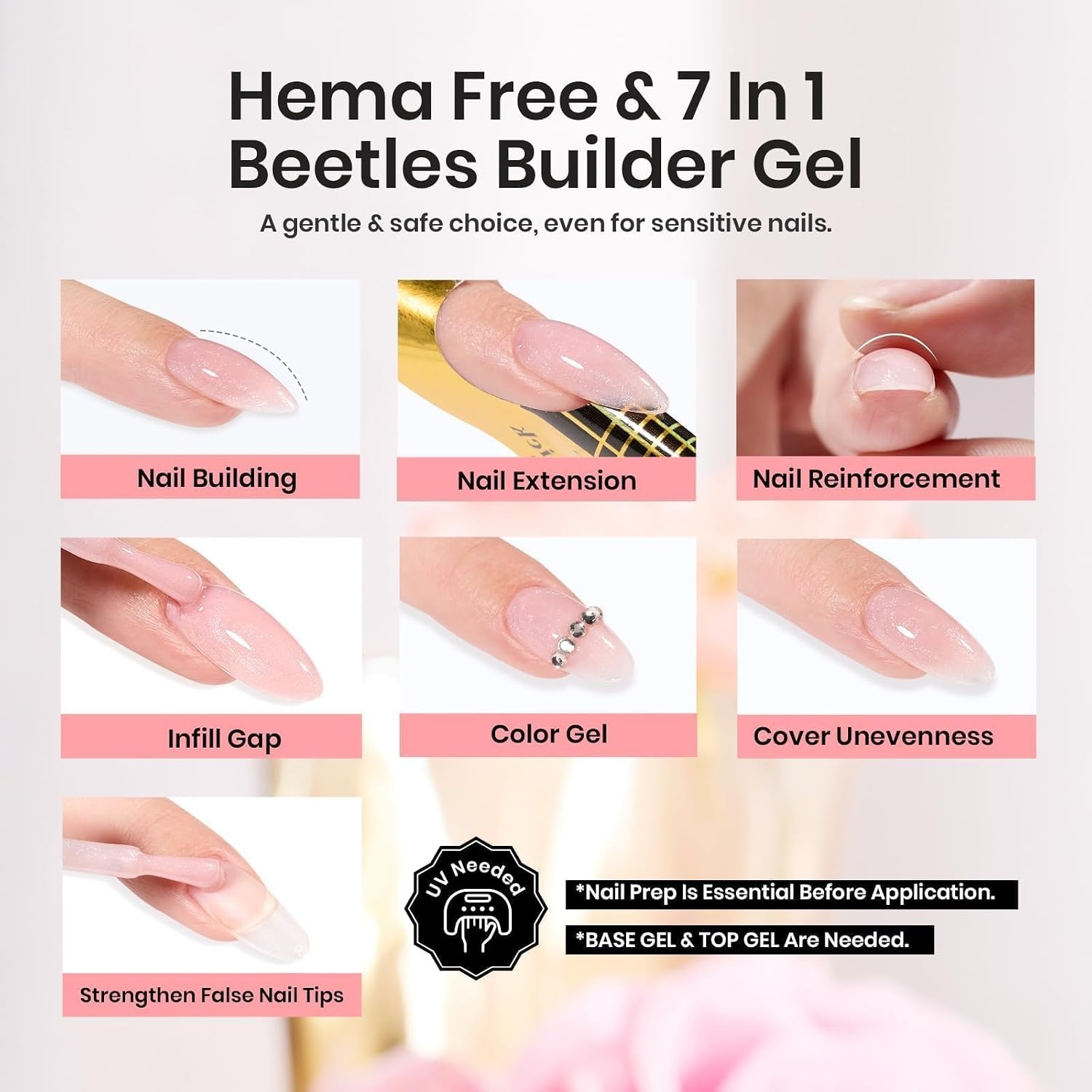 image:imageBeetles Builder Gel for Nails HEMAFree 15 ML 7 in 1 Pink Glitter Builder Nail Gel for Nail Instant Apex amp Nail Extension Builder Strengthening Nail Art Design for Beginner WomenUV amp LED Lamp NeededB Glitter Pink HEMAFree 15 mL