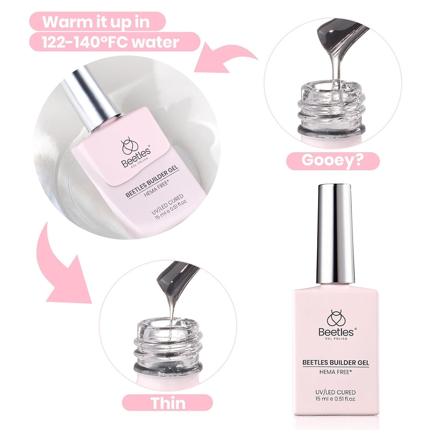image:imageBeetles Builder Gel for Nails HEMAFree 15 ML 7 in 1 Pink Glitter Builder Nail Gel for Nail Instant Apex amp Nail Extension Builder Strengthening Nail Art Design for Beginner WomenUV amp LED Lamp NeededB Clear HEMAFree Set 2 x 75 mL15 mL