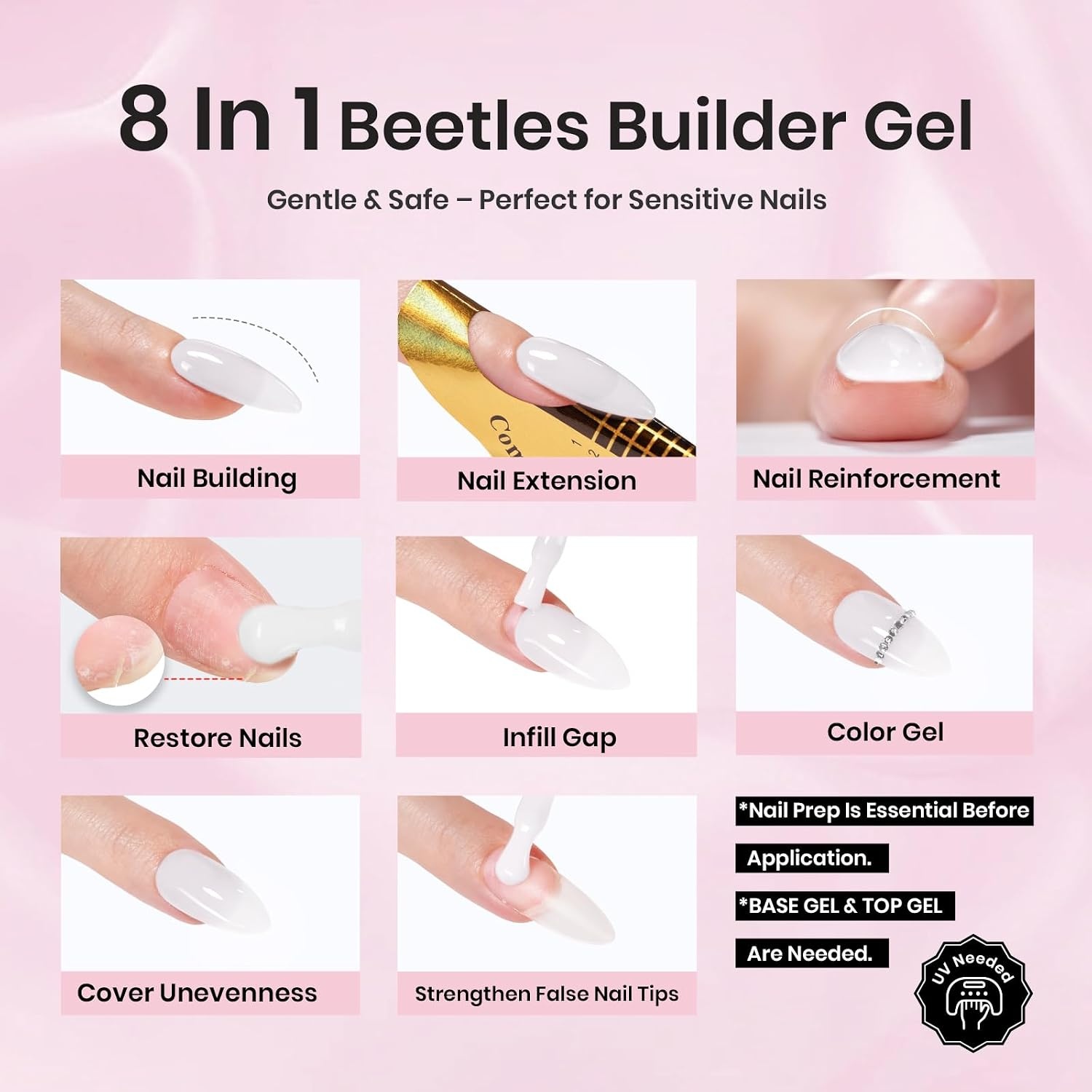 image:imageBeetles Builder Gel for Nails HEMAFree 15 ML 7 in 1 Pink Glitter Builder Nail Gel for Nail Instant Apex amp Nail Extension Builder Strengthening Nail Art Design for Beginner WomenUV amp LED Lamp NeededB Glitter White HEMAFree 15 mL