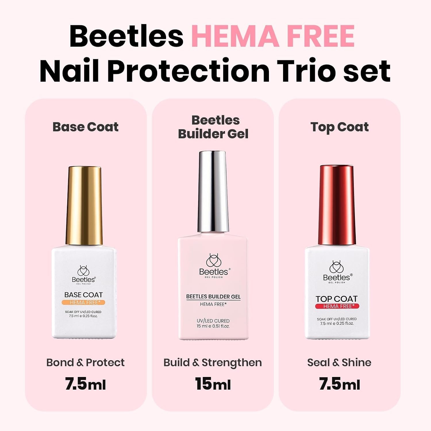 image:imageBeetles Builder Gel for Nails HEMAFree 15 ML 7 in 1 Pink Glitter Builder Nail Gel for Nail Instant Apex amp Nail Extension Builder Strengthening Nail Art Design for Beginner WomenUV amp LED Lamp NeededB Clear HEMAFree Set 2 x 75 mL15 mL