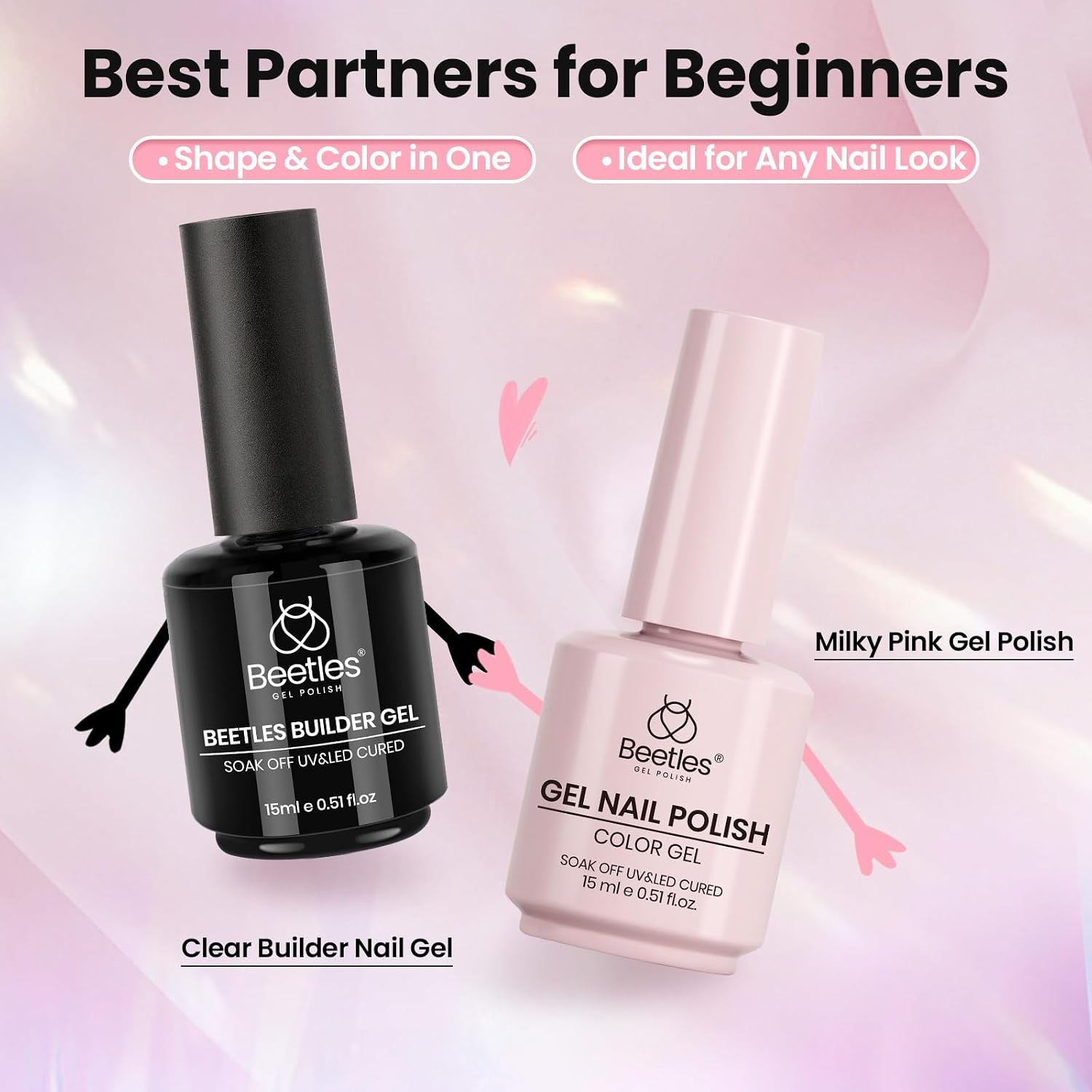 image:imageBeetles Builder Gel for Nails HEMAFree 15 ML 7 in 1 Pink Glitter Builder Nail Gel for Nail Instant Apex amp Nail Extension Builder Strengthening Nail Art Design for Beginner WomenUV amp LED Lamp NeededA Clear Milky Pink Kit 2 x 15 mL