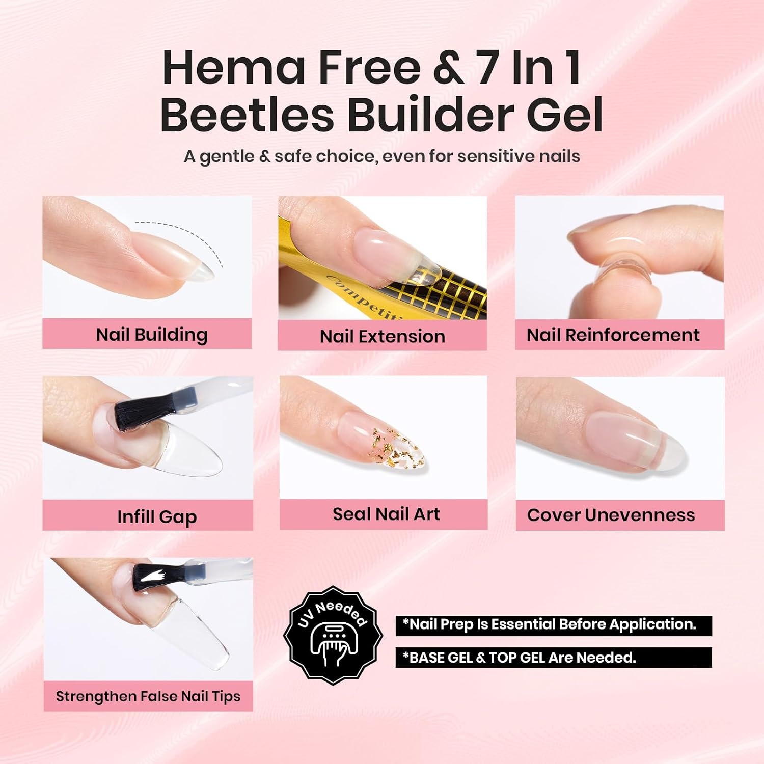 image:imageBeetles Builder Gel for Nails HEMAFree 15 ML 7 in 1 Pink Glitter Builder Nail Gel for Nail Instant Apex amp Nail Extension Builder Strengthening Nail Art Design for Beginner WomenUV amp LED Lamp NeededB Clear HEMAFree Kit 15 mL