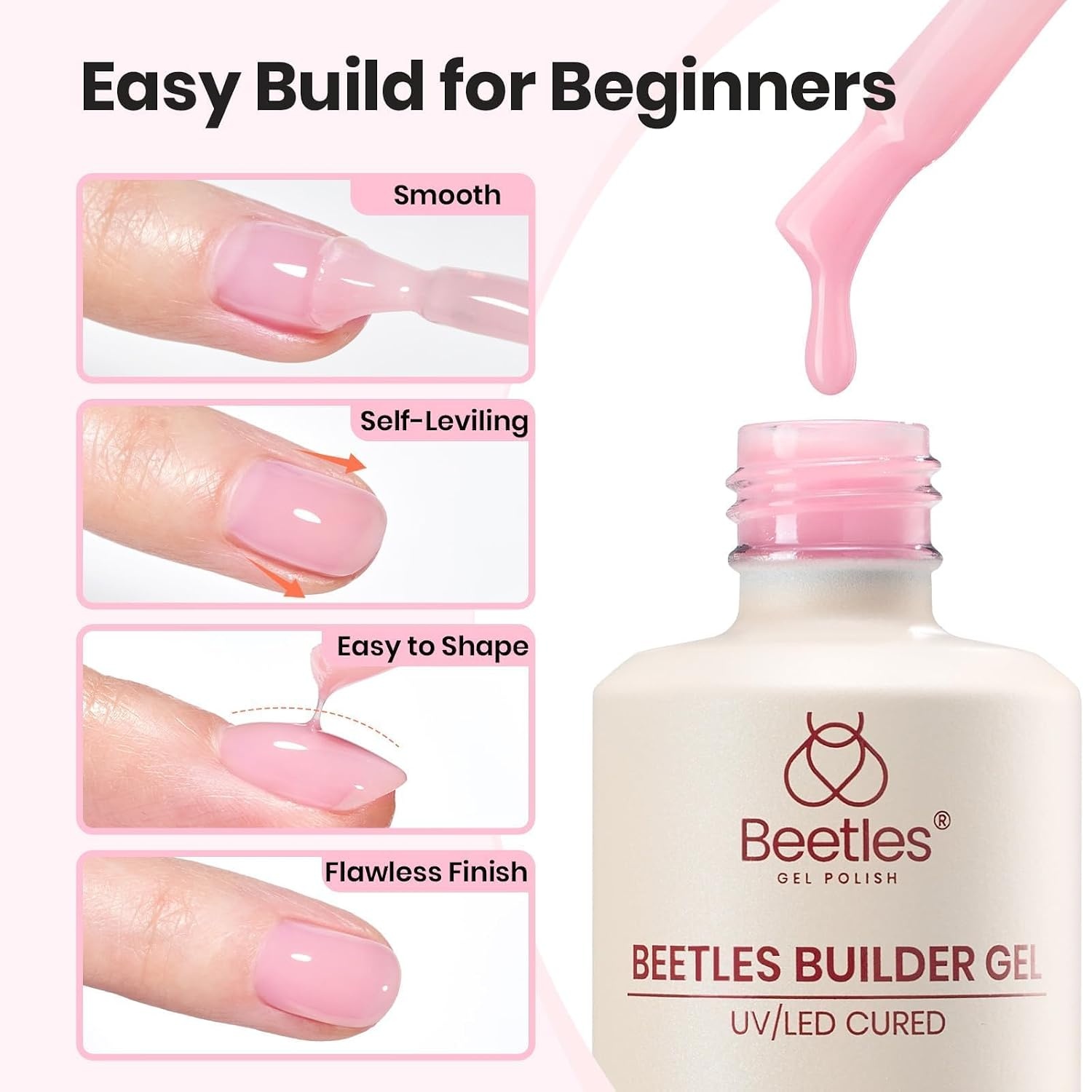 image:imageBeetles Builder Gel for Nails HEMAFree 15 ML 7 in 1 Pink Glitter Builder Nail Gel for Nail Instant Apex amp Nail Extension Builder Strengthening Nail Art Design for Beginner WomenUV amp LED Lamp NeededA Clear Pink 2 x 15 mL