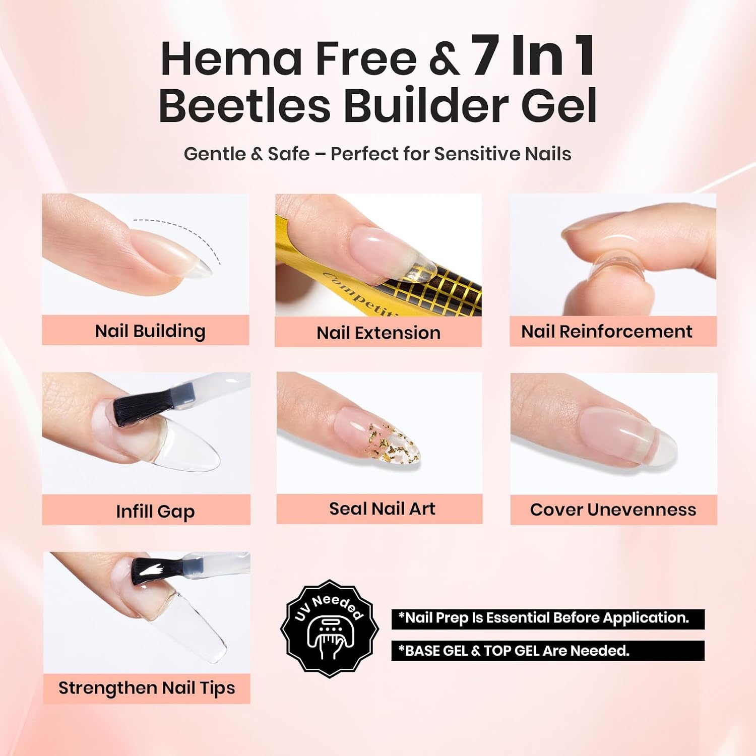 image:imageBeetles Builder Gel for Nails HEMAFree 15 ML 7 in 1 Pink Glitter Builder Nail Gel for Nail Instant Apex amp Nail Extension Builder Strengthening Nail Art Design for Beginner WomenUV amp LED Lamp NeededB Clear Nude HEMAFree 2 x 75 mL