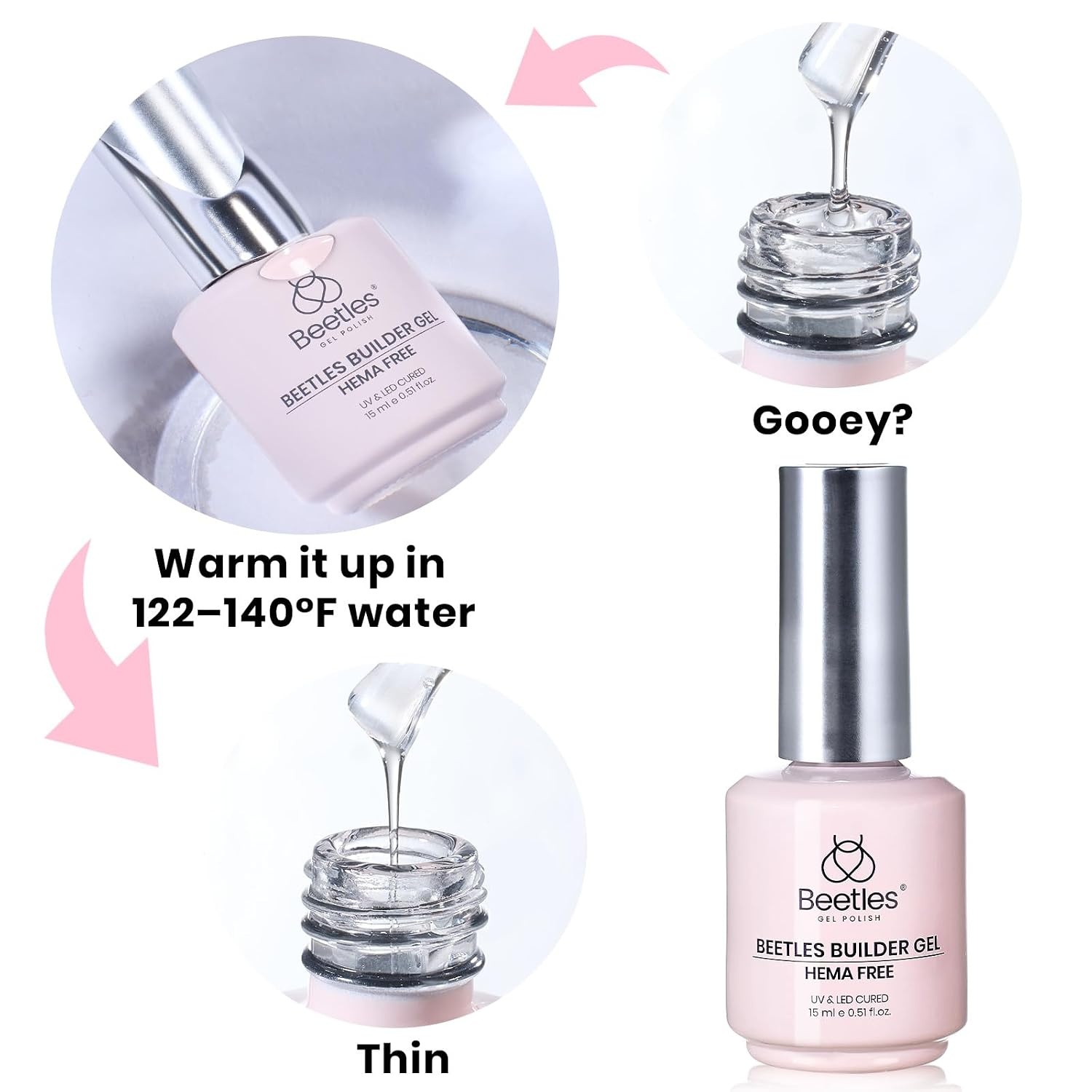 image:imageBeetles Builder Gel for Nails HEMAFree 15 ML 7 in 1 Pink Glitter Builder Nail Gel for Nail Instant Apex amp Nail Extension Builder Strengthening Nail Art Design for Beginner WomenUV amp LED Lamp NeededB Glitter White HEMAFree 15 mL