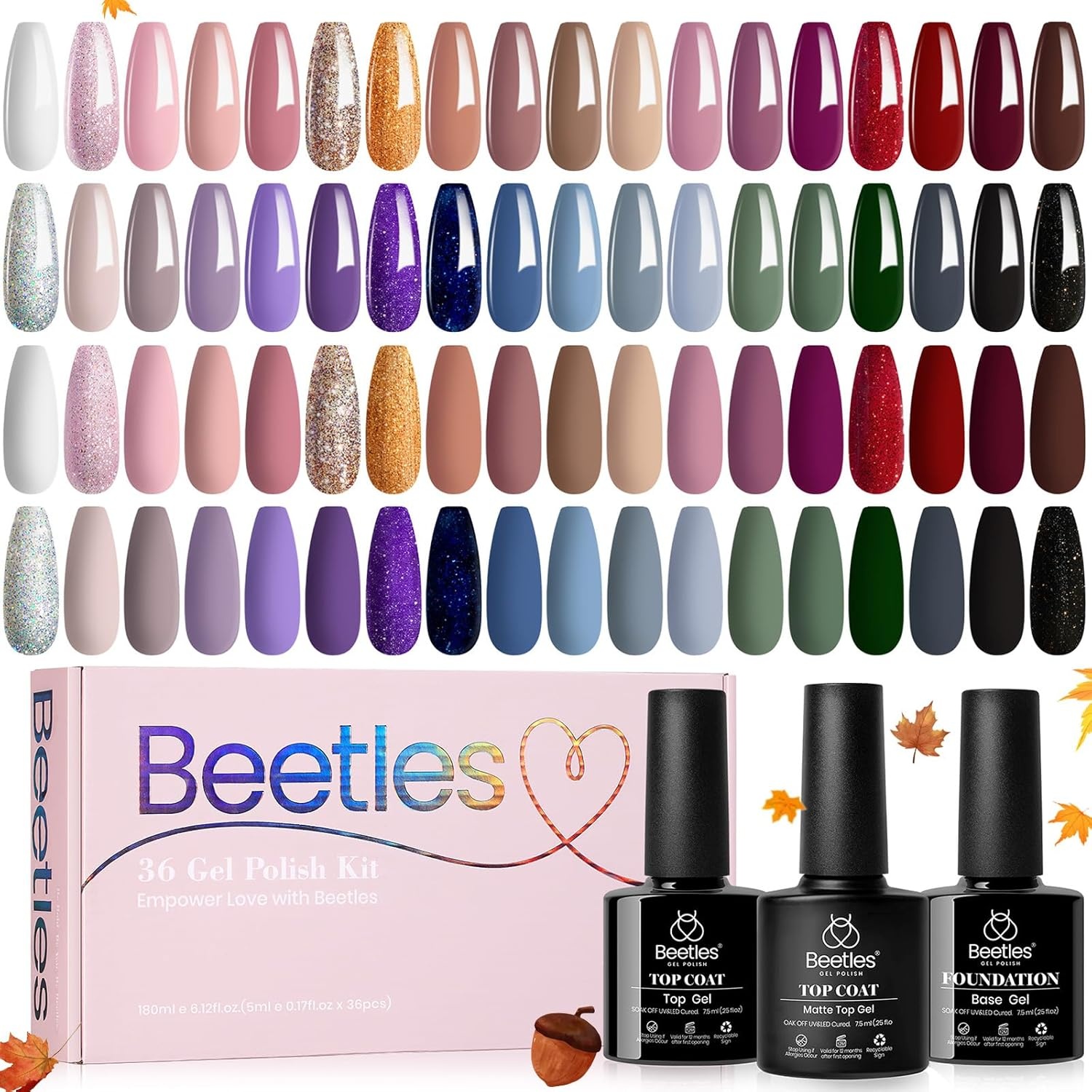 image:imageBeetles Gel Nail Polish Set 20 Colors Yellow Orange Burgundy Red Brown Black Green Gel Nail Polish Kit with Glossy Matte Gel Top Base Coat Soak Off Uv Manicure Gift for Women0 Neutral Elegance