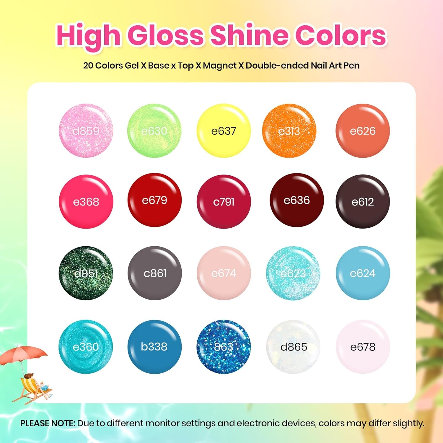 image:imageBeetles Gel Nail Polish Set 20 Colors Yellow Orange Burgundy Red Brown Black Green Gel Nail Polish Kit with Glossy Matte Gel Top Base Coat Soak Off Uv Manicure Gift for WomenBeach Bash