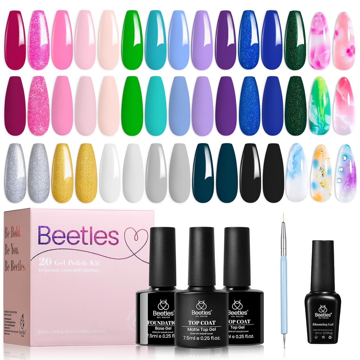 image:imageBeetles Gel Nail Polish Set 20 Colors Yellow Orange Burgundy Red Brown Black Green Gel Nail Polish Kit with Glossy Matte Gel Top Base Coat Soak Off Uv Manicure Gift for Women320 Lightyears Away