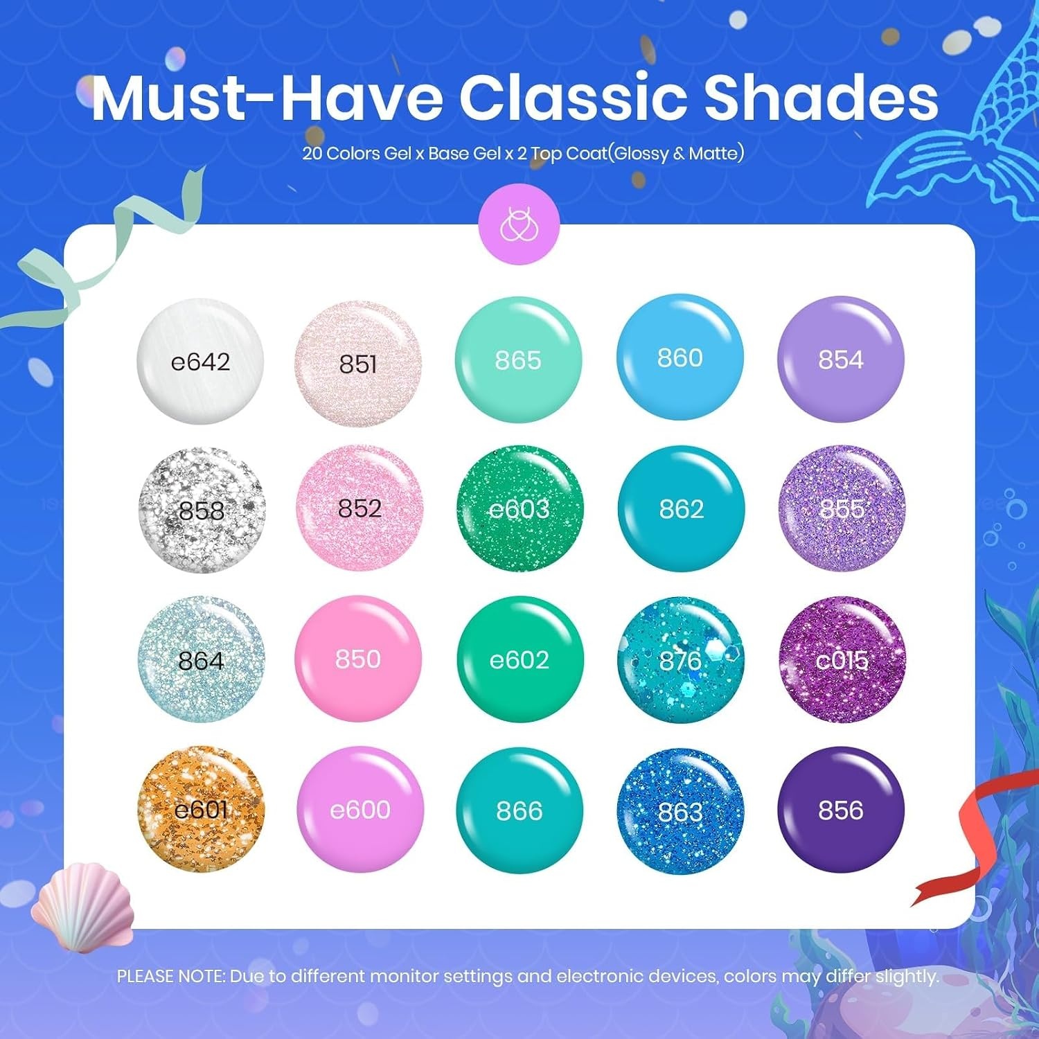 image:imageBeetles Gel Nail Polish Set 20 Colors Yellow Orange Burgundy Red Brown Black Green Gel Nail Polish Kit with Glossy Matte Gel Top Base Coat Soak Off Uv Manicure Gift for Women20 Colors Mermaid Mantra