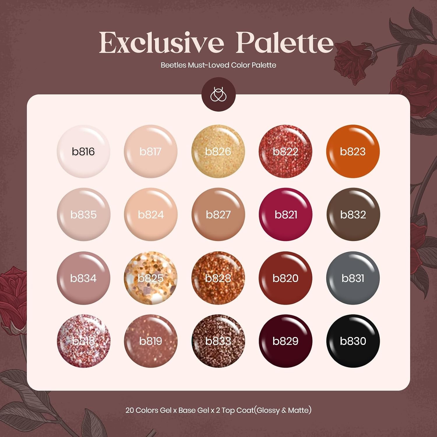 image:imageBeetles Gel Nail Polish Set 44 PCS Brown Nude Burgundy Gel Polish Nails Fairytale Town Collection with 4Pcs Base Glitter Matte Glossy Top Coat Soak off Uv Gel DIY Manicure00 20 Colors Verse of Roses