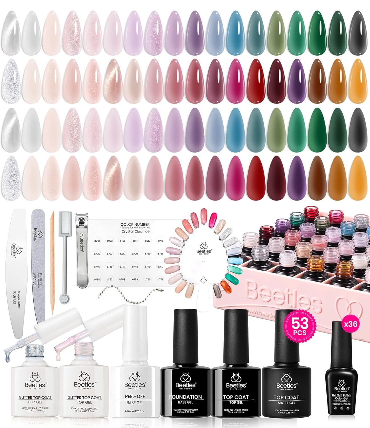 image:imageBeetles Gel Nail Polish Set 44 PCS Brown Nude Burgundy Gel Polish Nails Fairytale Town Collection with 4Pcs Base Glitter Matte Glossy Top Coat Soak off Uv Gel DIY Manicure000Crystal Ice