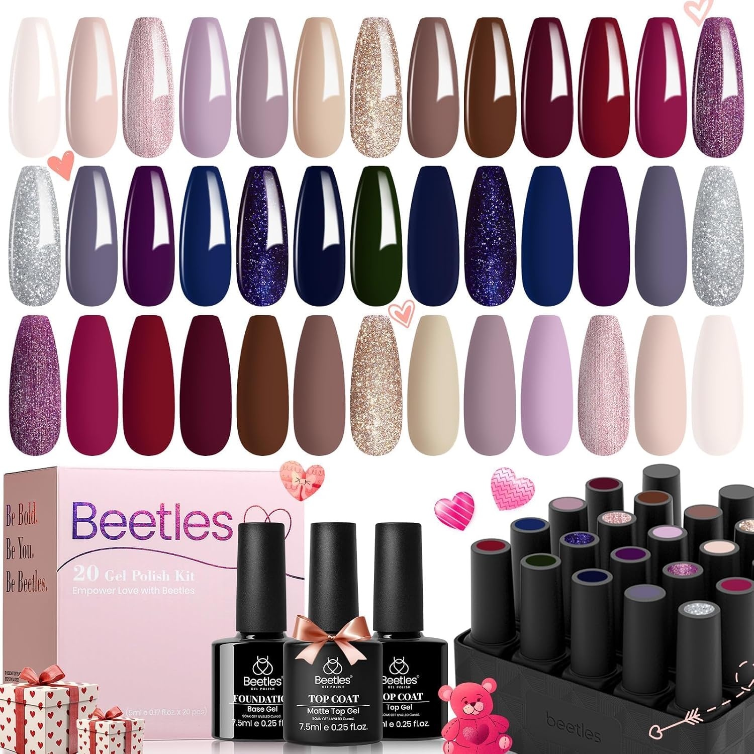 image:imageBeetles Gel Nail Polish Set 44 PCS Brown Nude Burgundy Gel Polish Nails Fairytale Town Collection with 4Pcs Base Glitter Matte Glossy Top Coat Soak off Uv Gel DIY Manicure00 20 Colors Sophisticated Charm