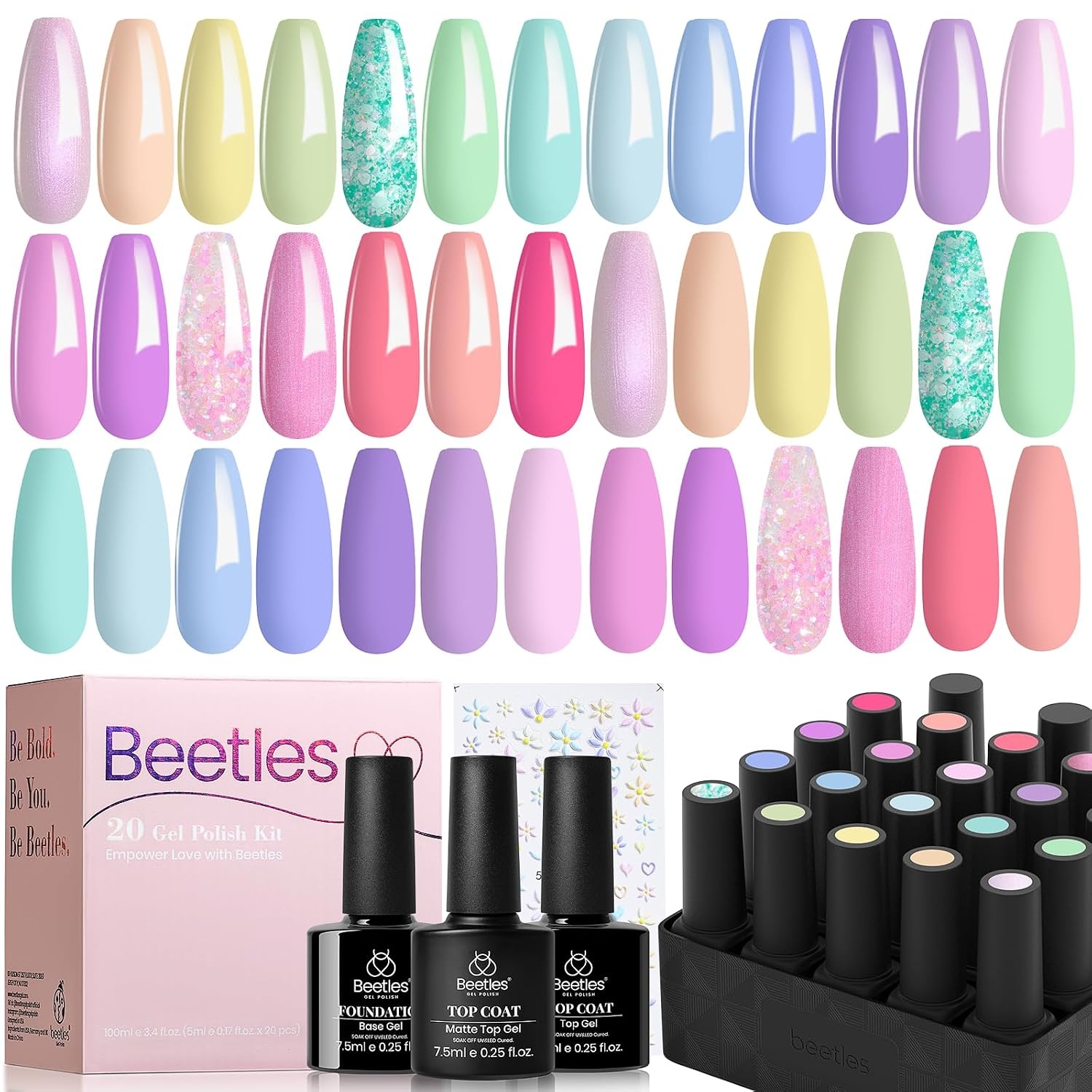 image:imageBeetles Gel Nail Polish Set 44 PCS Brown Nude Burgundy Gel Polish Nails Fairytale Town Collection with 4Pcs Base Glitter Matte Glossy Top Coat Soak off Uv Gel DIY ManicurePastel Paradise 20 Colors