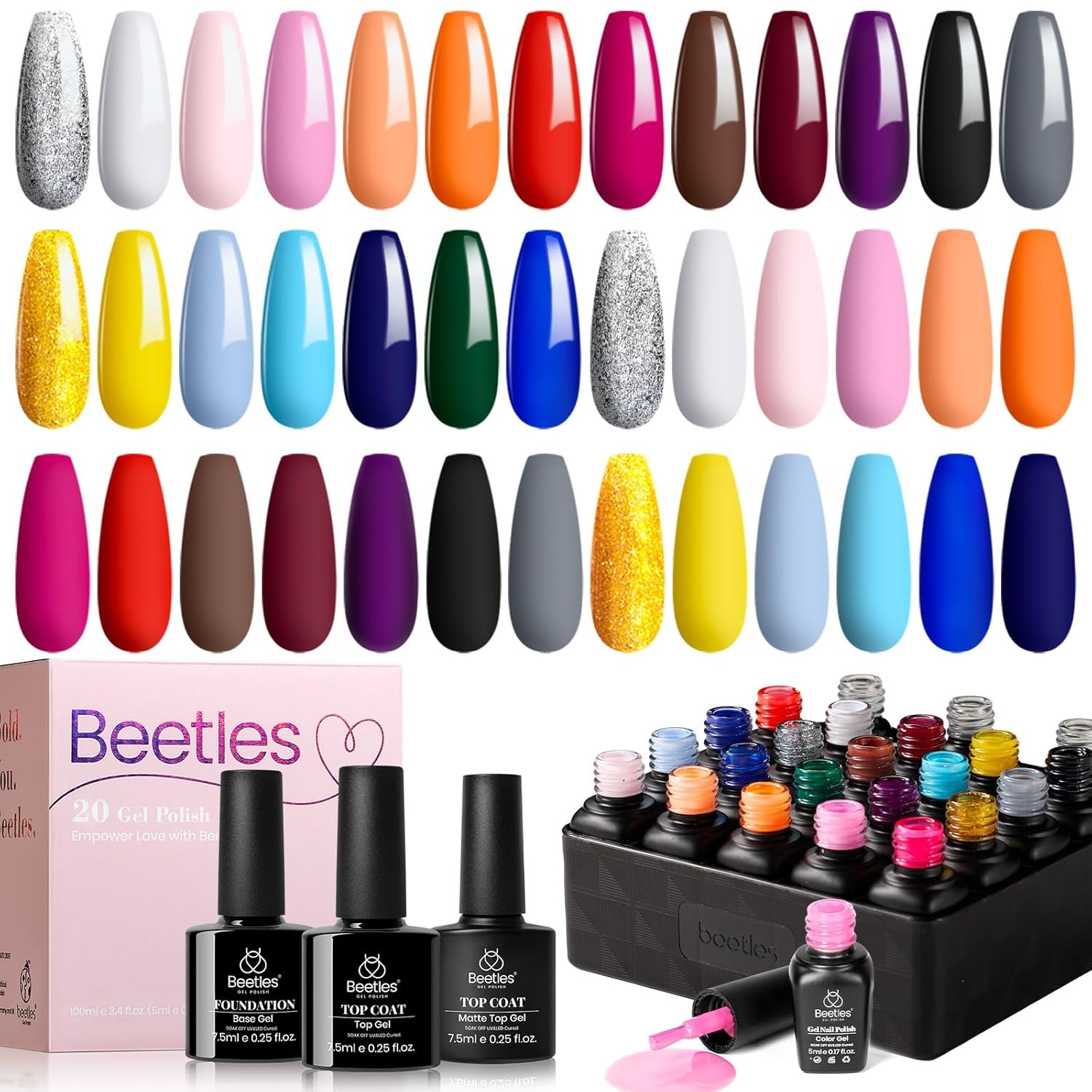 image:imageBeetles Gel Nail Polish Set 44 PCS Brown Nude Burgundy Gel Polish Nails Fairytale Town Collection with 4Pcs Base Glitter Matte Glossy Top Coat Soak off Uv Gel DIY Manicure20Pcs Neon Nude Orange