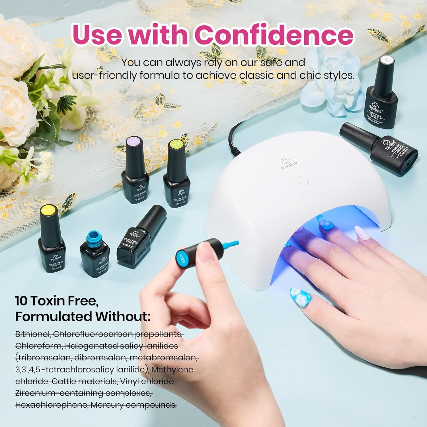 image:imageBeetles Gel Nail Polish Set 36 Colors Gel Polish Set Sparkle Red Pink Glitter Black Nail Kit Free Journey Collection with 3Pcs Base Top Coat Soak off Uv Gel Polish Manicure KitBlooming Dye