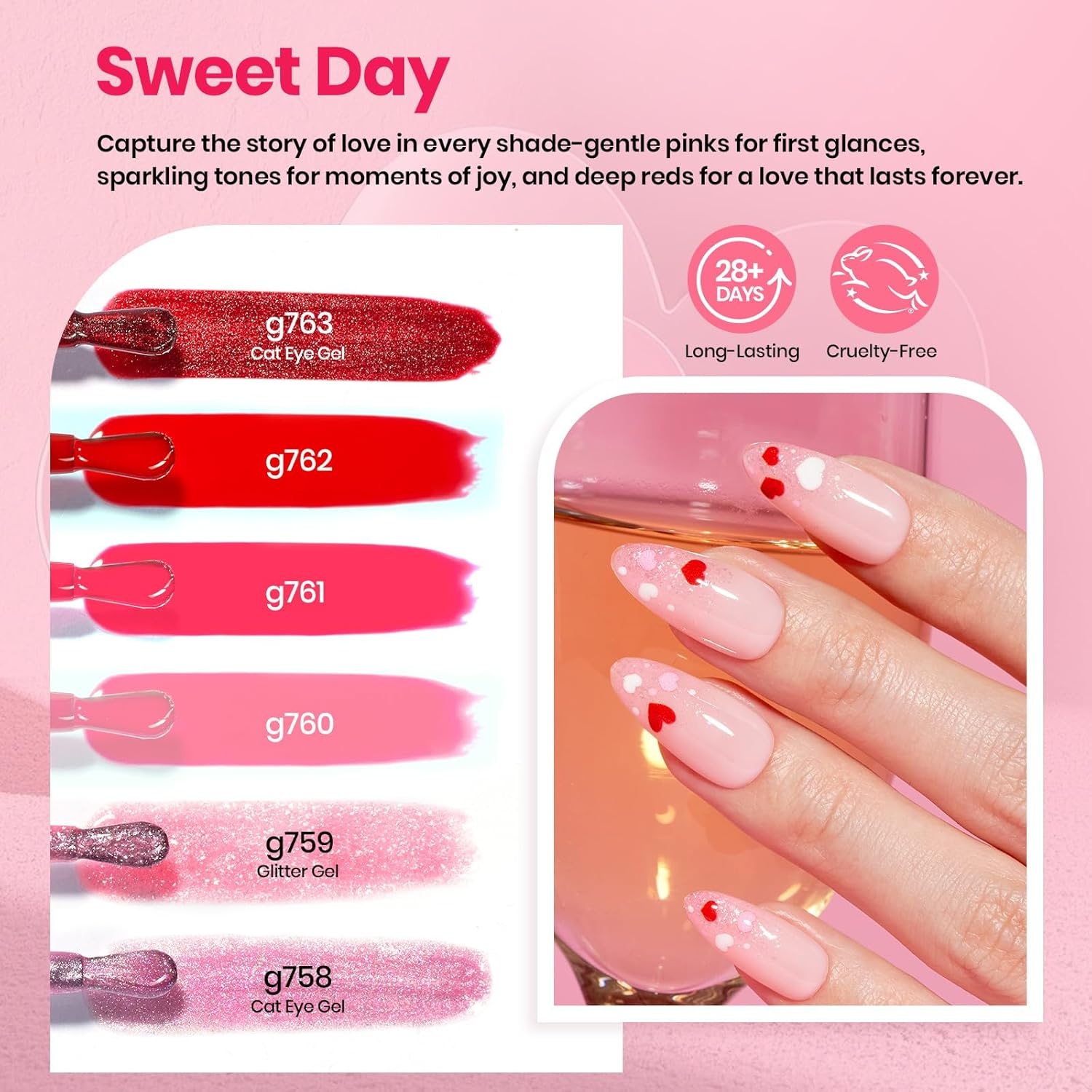 image:imageBeetles Gel Nail Polish Set 36 Colors Gel Polish Set Sparkle Red Pink Glitter Black Nail Kit Free Journey Collection with 3Pcs Base Top Coat Soak off Uv Gel Polish Manicure KitSweet Date