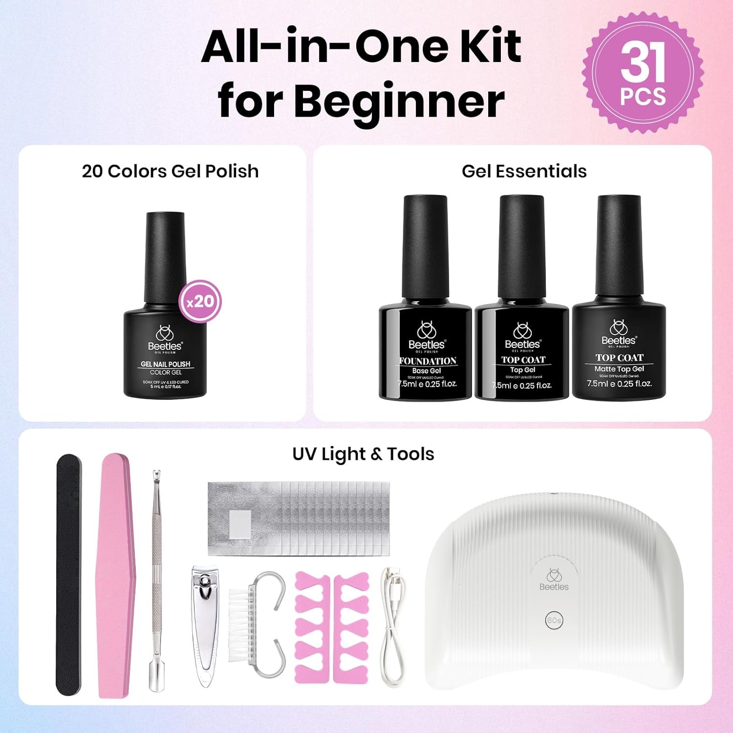 image:imageBeetles Gel Nail Polish Set 36 Colors Gel Polish Set Sparkle Red Pink Glitter Black Nail Kit Free Journey Collection with 3Pcs Base Top Coat Soak off Uv Gel Polish Manicure Kit0 20 Colors Colorful Dreamscape