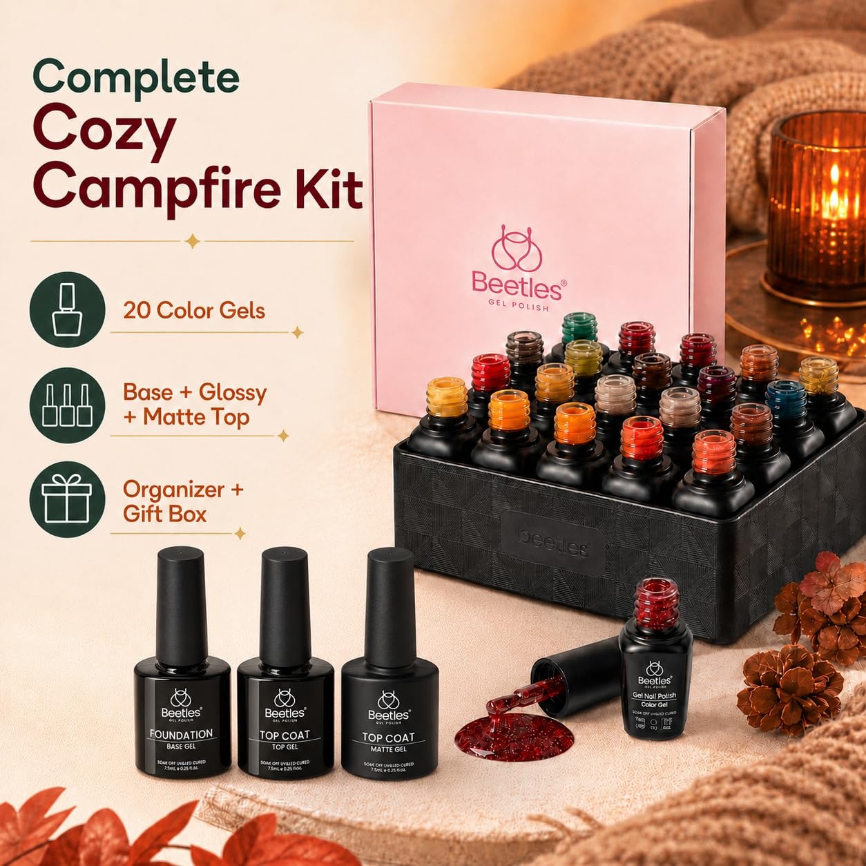 image:imageBeetles Gel Polish Set 39Pcs Red Burgundy Blue Green Nude Pink Purple Gel Nail Polish with Base Top Coat for Manicure Lovers DIY at Home UV LED Needed Gift for Women Enchanted JewelryCozy Campfire