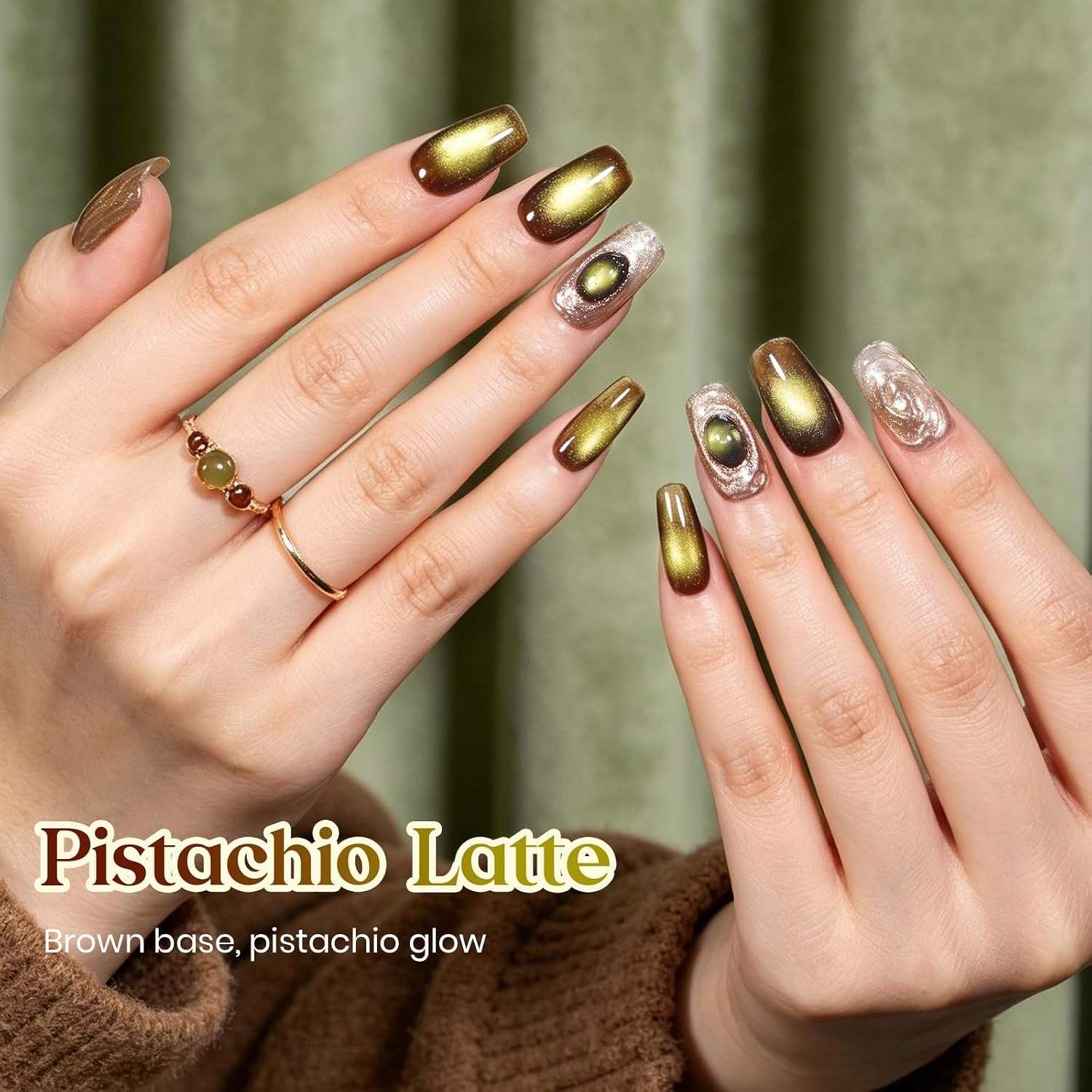image:imageBeetles Pistachio Latte Cat Eye Gel Polish Brown Base Green Magnetic Glow 15ml Fall Brown Cat Eye Gel Green Magnetic Glass Shimmer Effect Soak Off UV Nail Polish for DIY Nail Art Salon ManicuresA Glassy Brown Gold Pistachio Latte